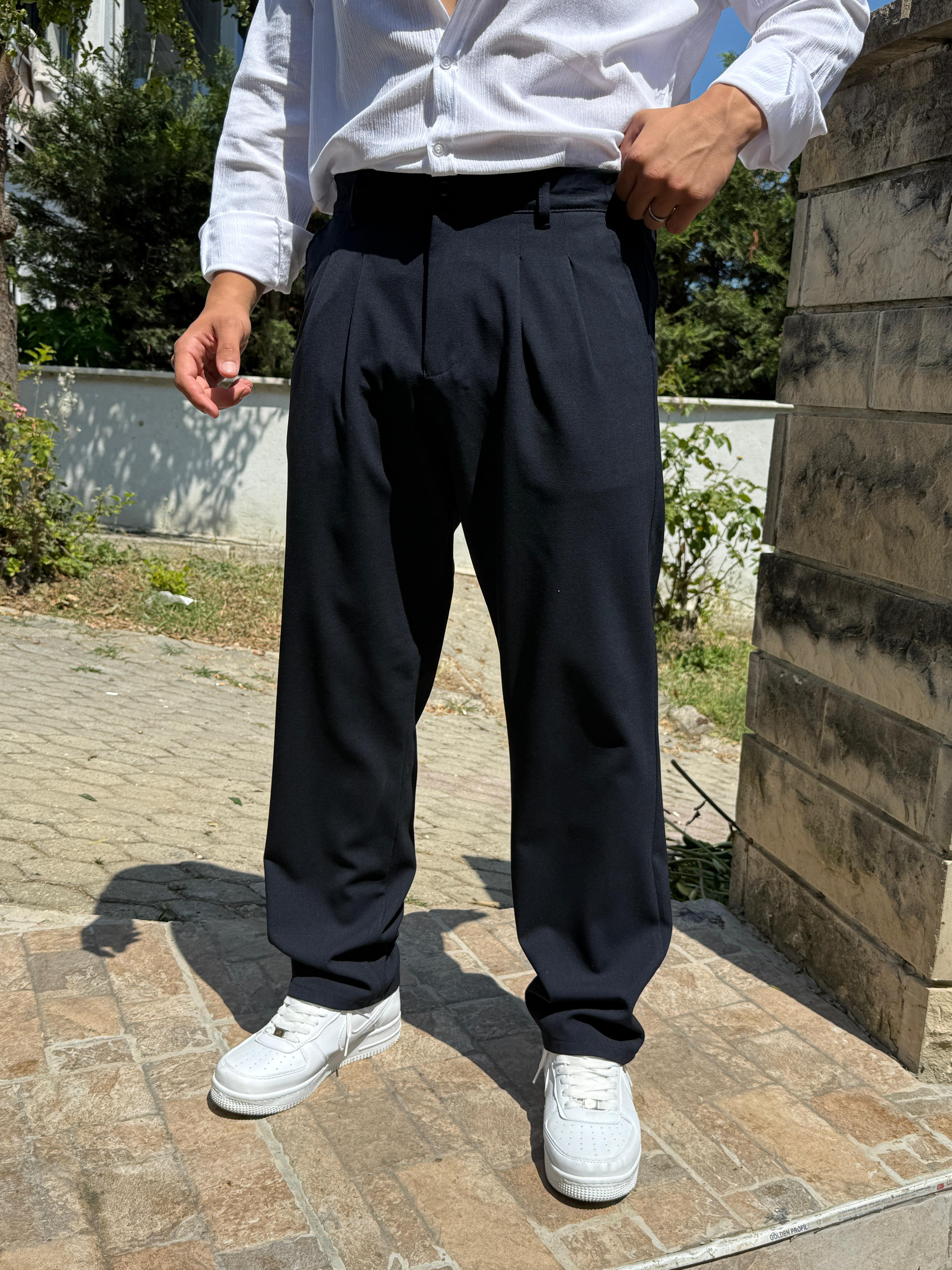 Kumaş Baggy Pile Detaylı Pantolon Lacivert