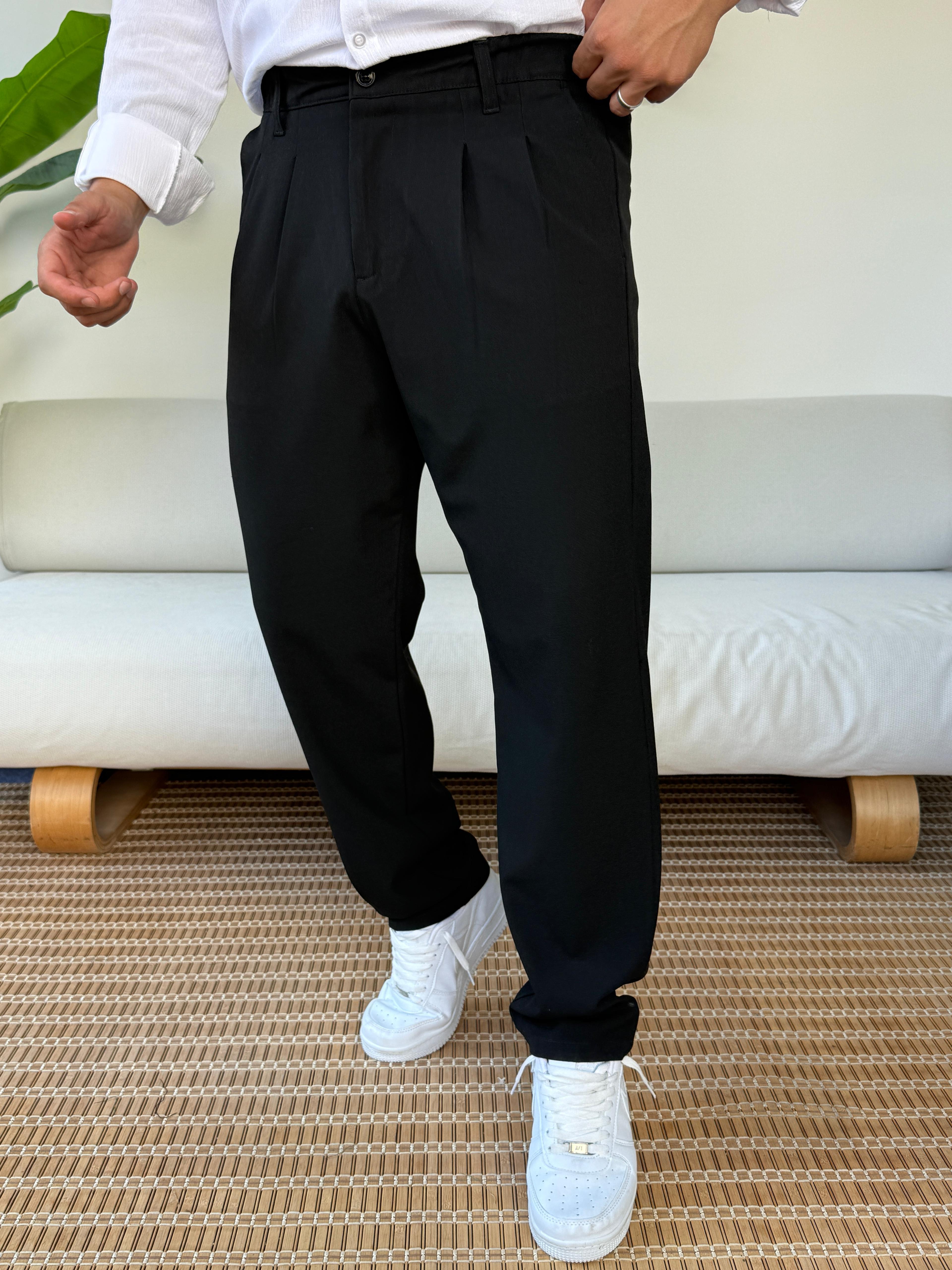 Kumaş Baggy Pile Detaylı Pantolon Siyah