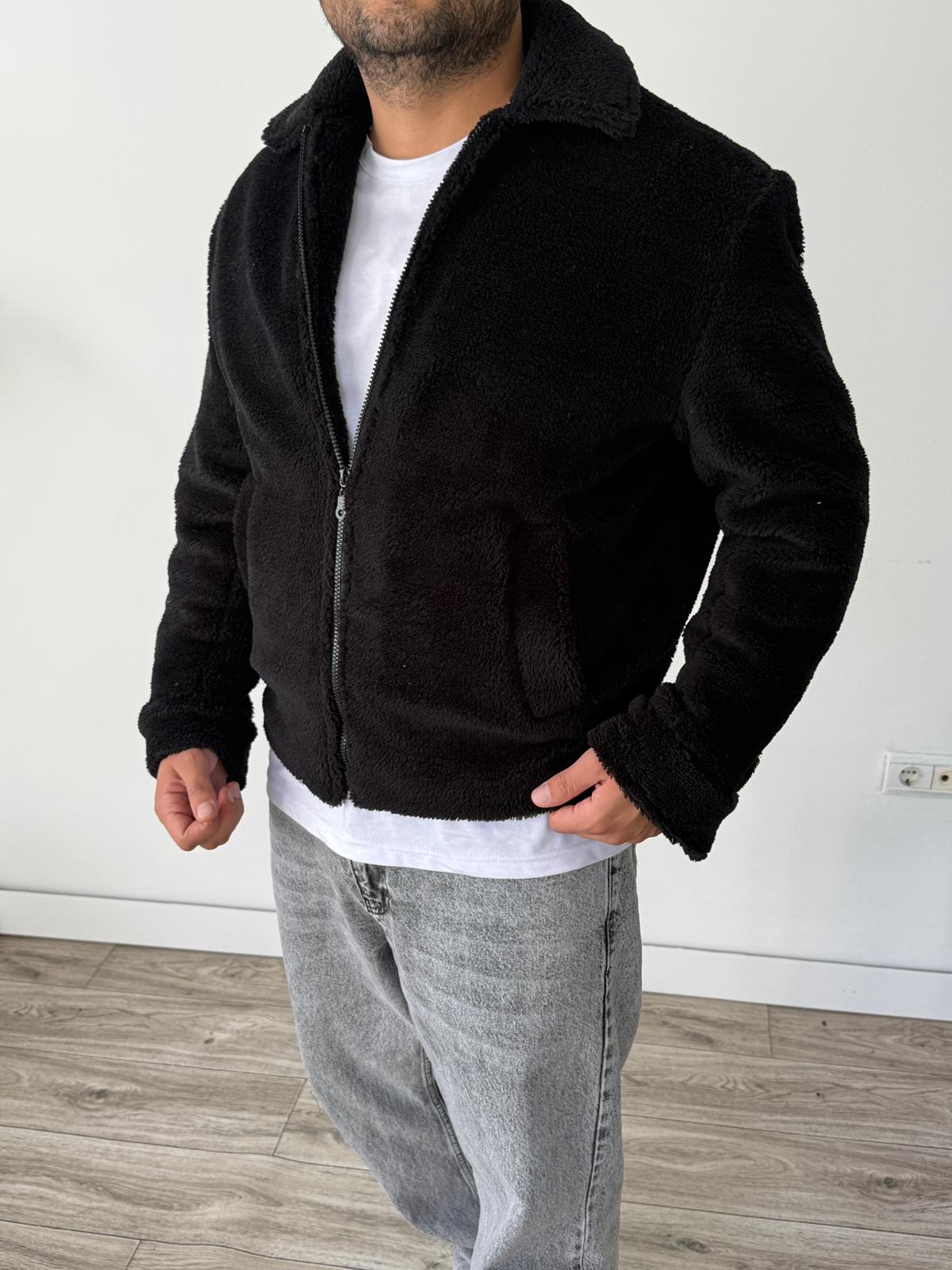 Peluş İçi Astarlı Ceket Siyah