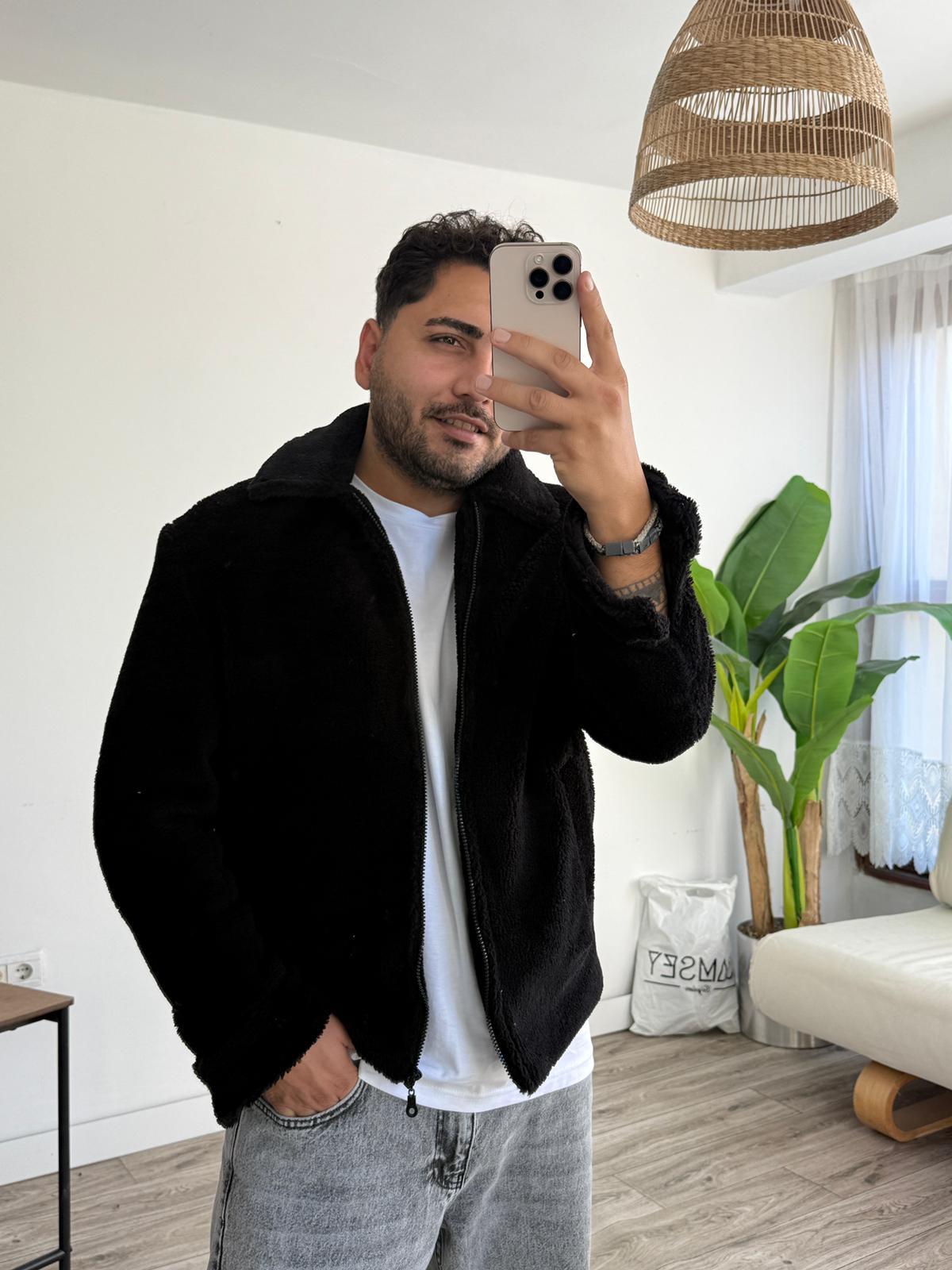 Peluş İçi Astarlı Ceket Siyah