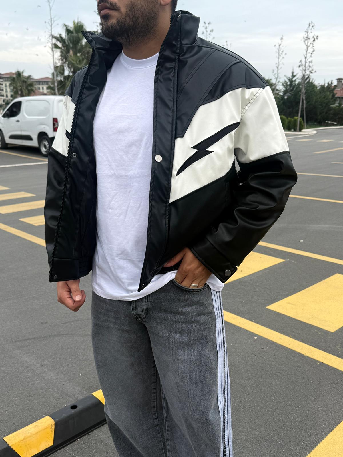Şimşek Nakışlı Detaylı Deri Ceket Siyah