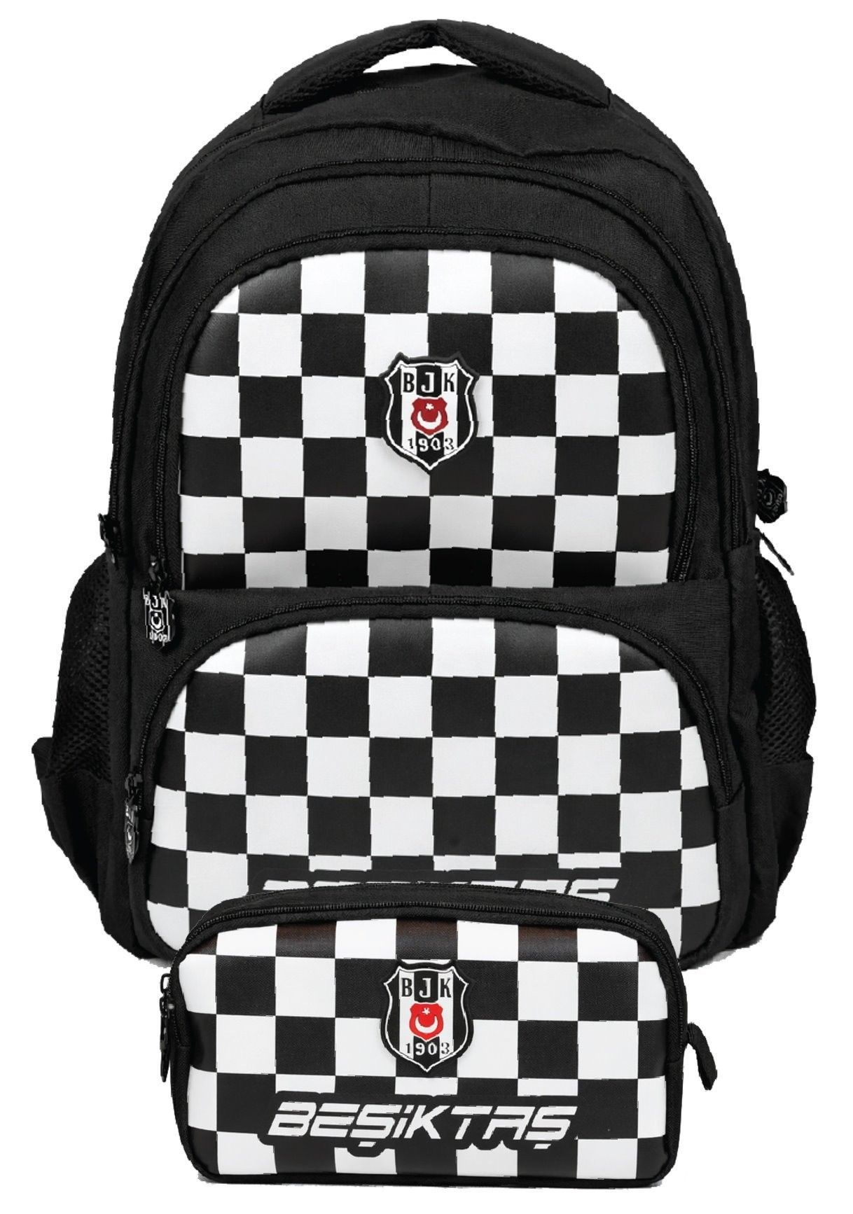 Beşiktaş İkili Okul Çantası ve Kalemlik Seti Siyah - Beyaz (Dama Baskılı) Erkek Çocuk - SETBJK26349C