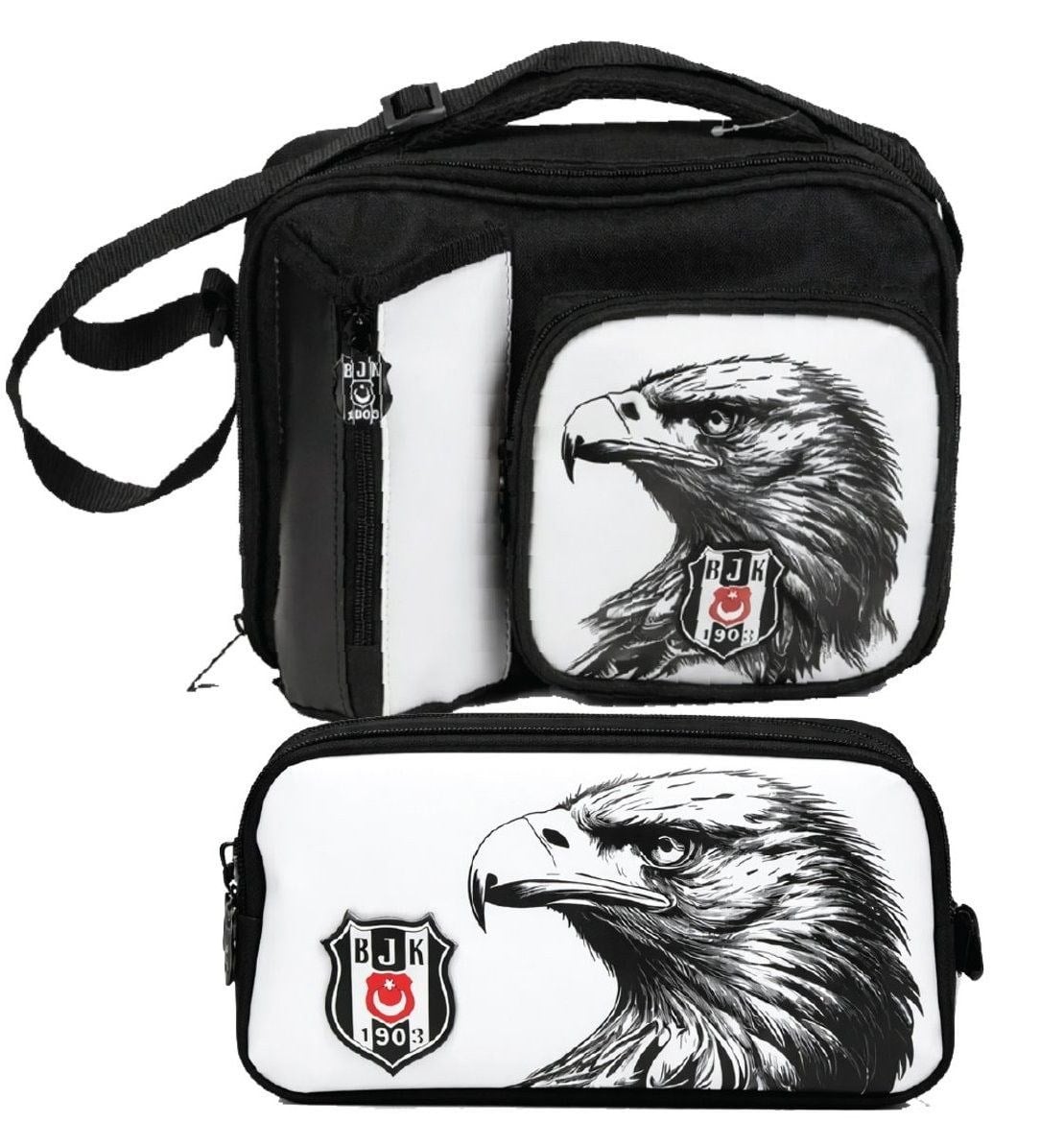 Beşiktaş Kartal Baskılı Beyaz - Siyah Erkek Çocuk Okul Beslenme Çantası ve Kalemlik Seti - SETBJK26363