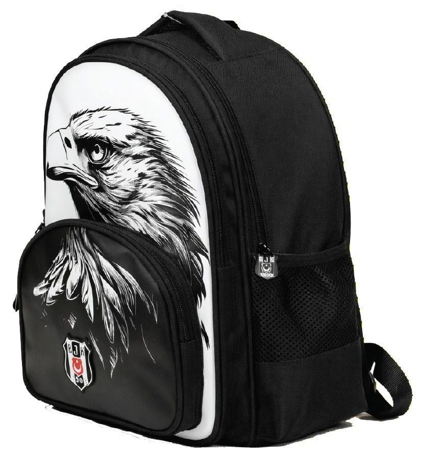 Beşiktaş Üç Bölmeli Erkek Çocuk Kartal Baskılı Beyaz - Siyah Okul Sırt Çantası - 26361