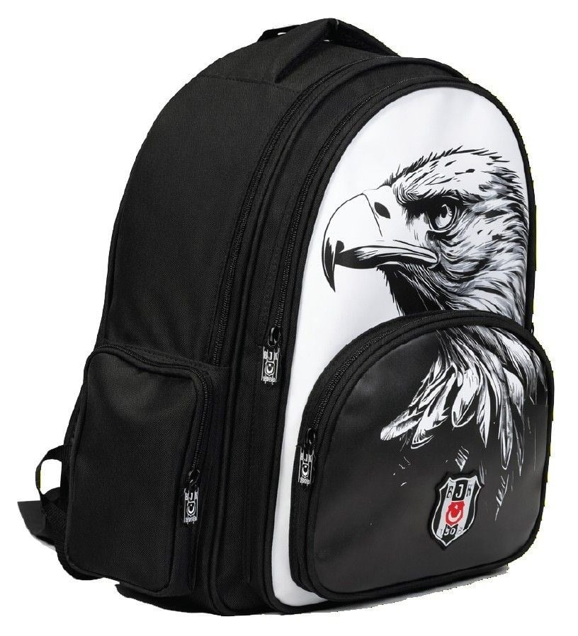 Beşiktaş Üç Bölmeli Erkek Çocuk Kartal Baskılı Beyaz - Siyah Okul Sırt Çantası - 26361