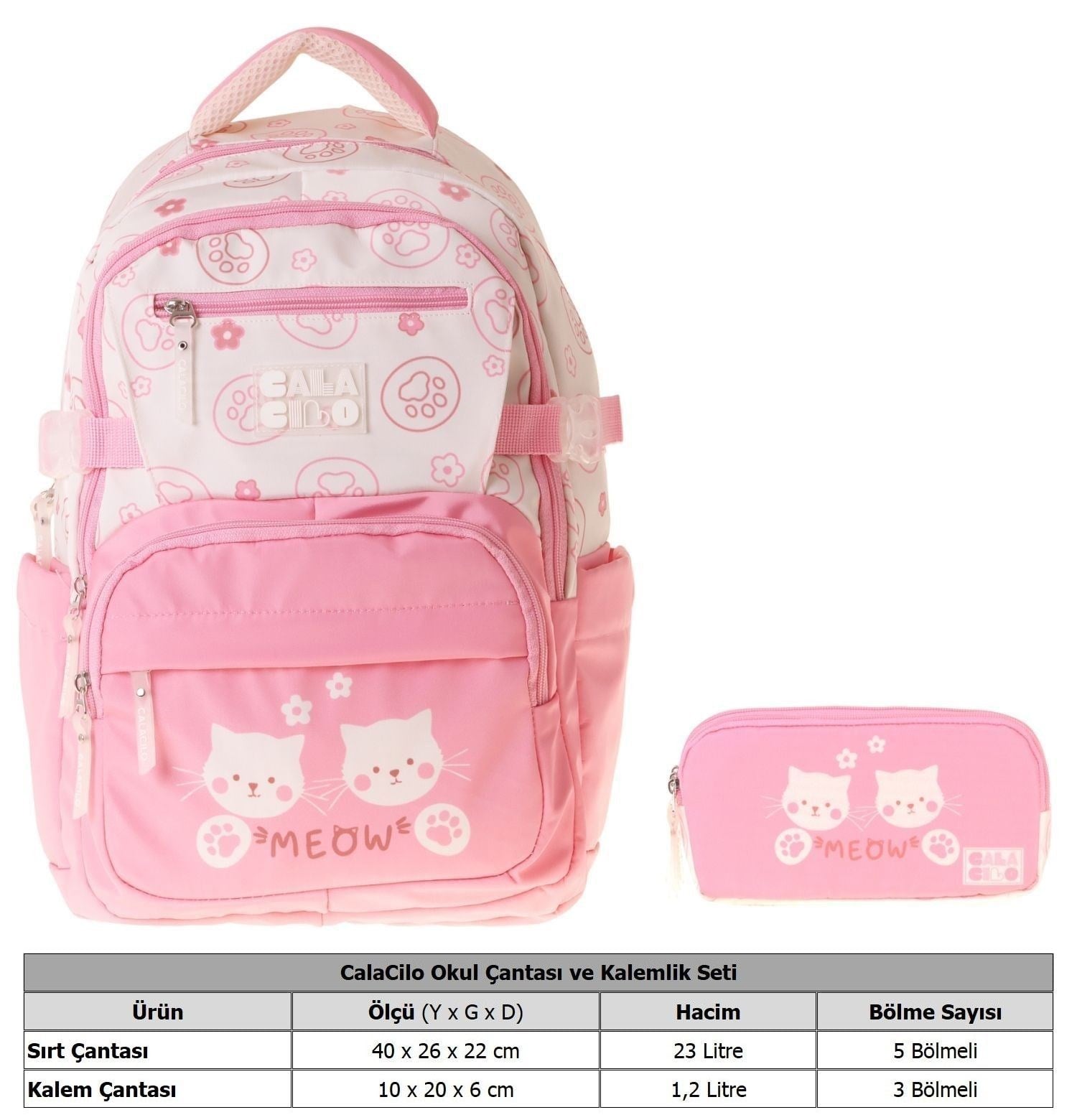 CalaCilo Cat Kız Çocuk Kedi Baskılı Okul Sırt Çantası ve Kalemlik Seti - SETCC-C4038C