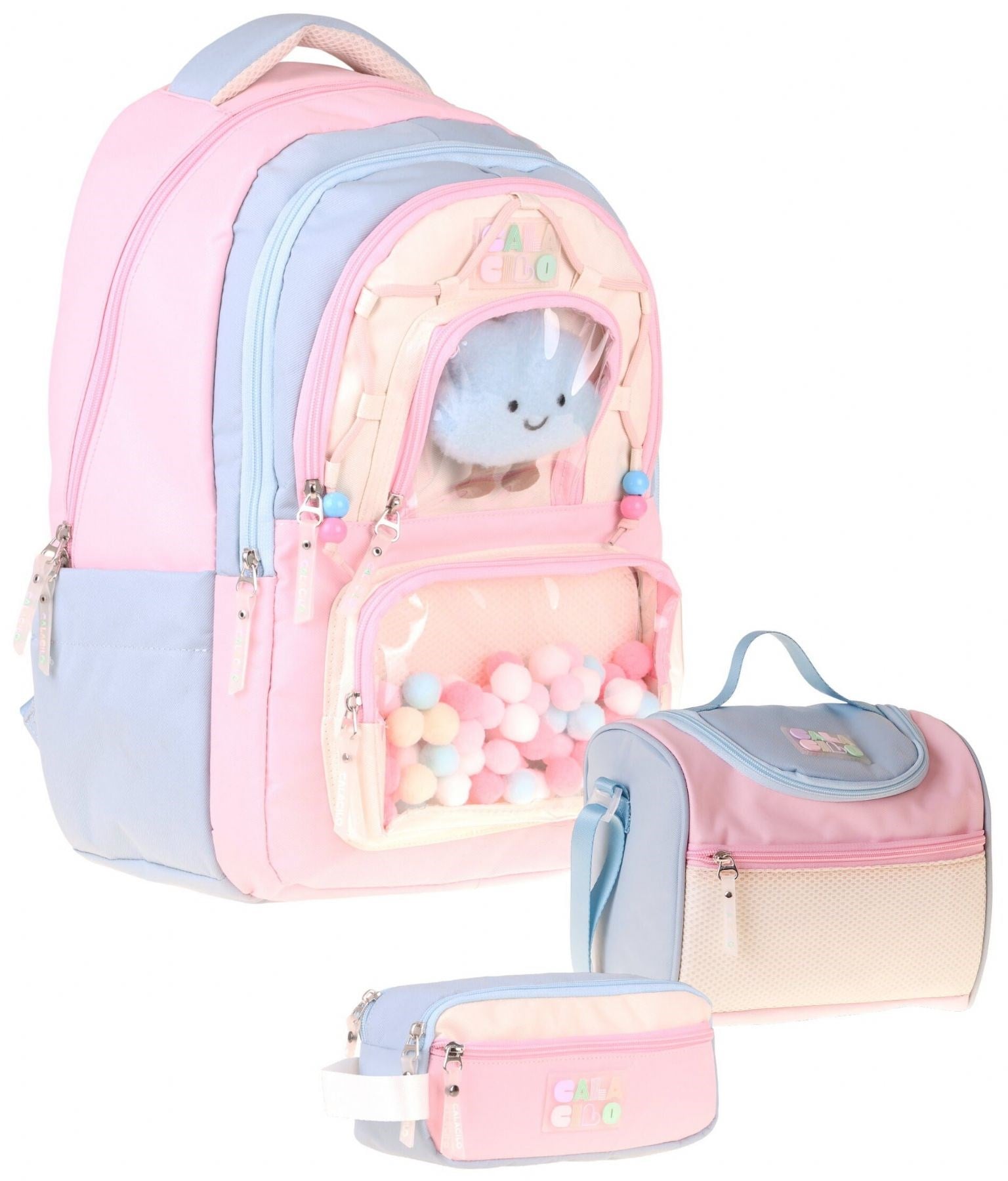 CalaCilo Cloudy Pembe Mavi Renkli Pembe - Mavi Kız Çocuk Üçlü İlkokul Okul Çantası Seti - SETCC-C4086A