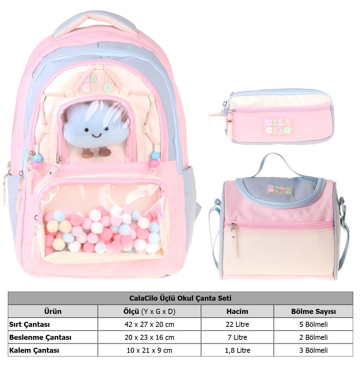 CalaCilo Cloudy Pembe Mavi Renkli Pembe - Mavi Kız Çocuk Üçlü İlkokul Okul Çantası Seti - SETCC-C4086A