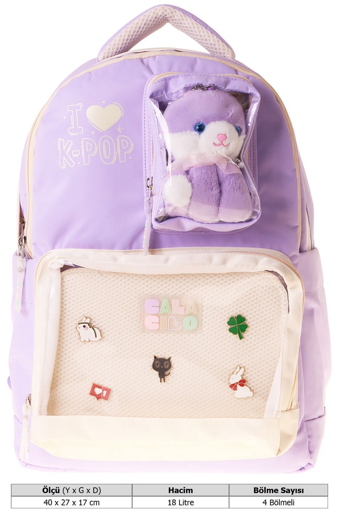 CalaCilo Dört Bölmeli Peluşlu K-Pop Lilac Peluş Ayı Aksesuarlı Lila Kız Çocuk İlkokul Sırt Çantası - C4104