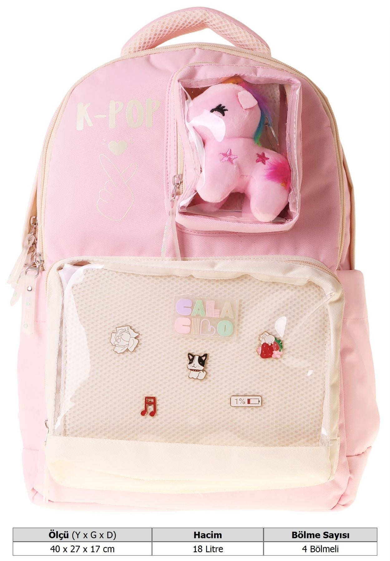 CalaCilo Dört Bölmeli Peluşlu K-Pop Pink Pembe Peluş Aksesuarlı Pembe Kız Çocuk İlkokul Sırt Çantası - C4107