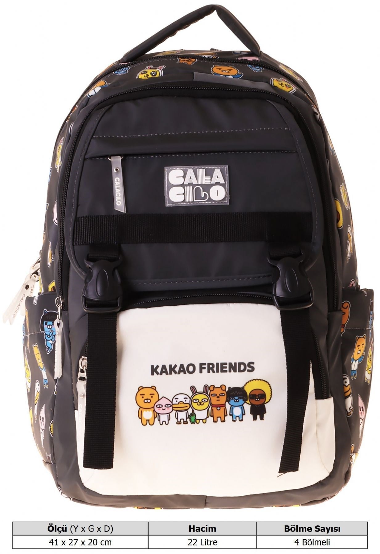 Calacilo Erkek Çocuk Kakao Friends Baskılı Siyah Dört Bölmeli İlkokul Okul ve Günlük Sırt Çantası - C4077