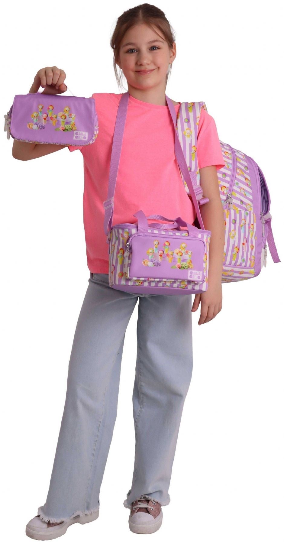 CalaCilo Flowers Baskılı Lila Kız Çocuk Üçlü İlkokul Okul Çantası Seti - SETCC-C4071A