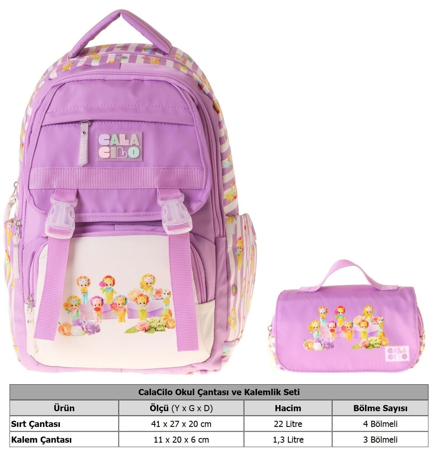 CalaCilo Flowers Kız Çocuk Flowers Baskılı Okul Sırt Çantası ve Kalemlik Seti - SETCC-C4071C
