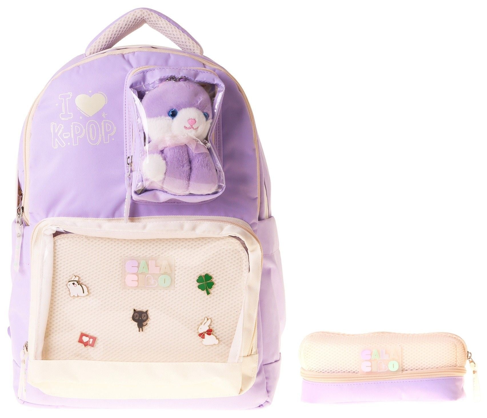CalaCilo K Pop Lilac Kız Çocuk K-Pop Lilac Peluş Ayı Aksesuarlı Okul Sırt Çantası ve Kalemlik Seti - SETCC-C4104C