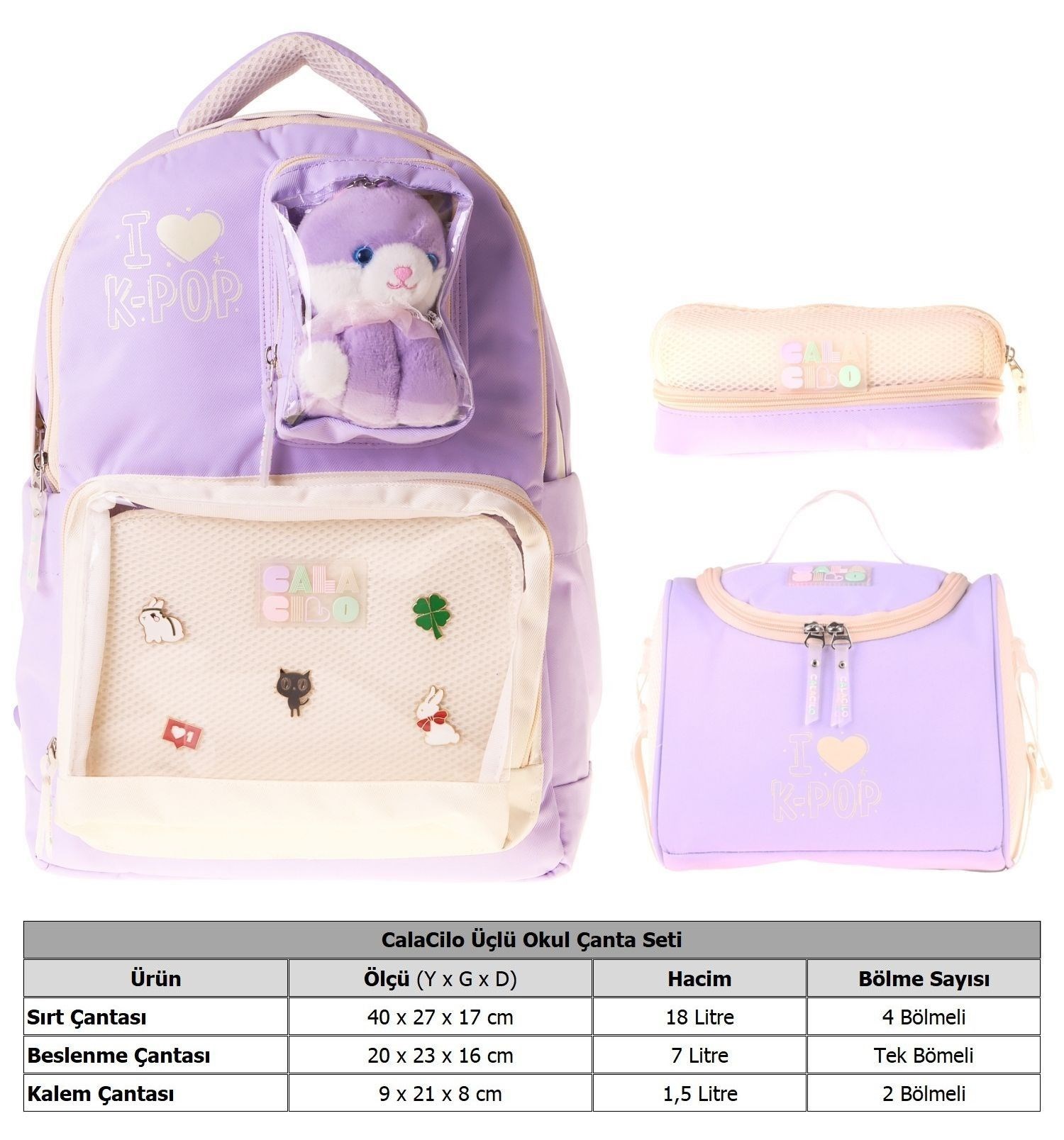 CalaCilo K-Pop Lilac Peluş Ayı Aksesuarlı Lila Kız Çocuk Üçlü İlkokul Okul Çantası Seti - SETCC-C4104A