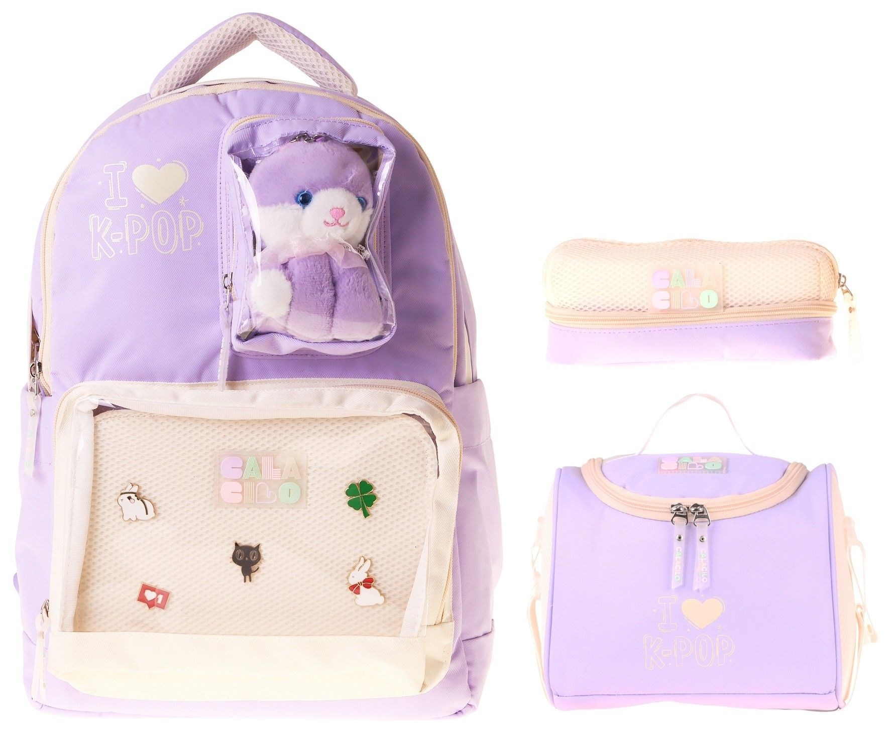 CalaCilo K-Pop Lilac Peluş Ayı Aksesuarlı Lila Kız Çocuk Üçlü İlkokul Okul Çantası Seti - SETCC-C4104A