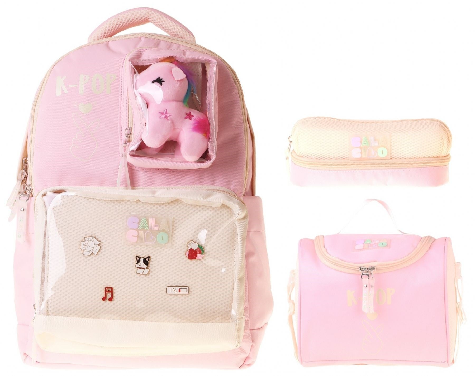 CalaCilo K-Pop Pink Pembe Peluş Aksesuarlı Pembe Kız Çocuk Üçlü İlkokul Okul Çantası Seti - SETCC-C4107A