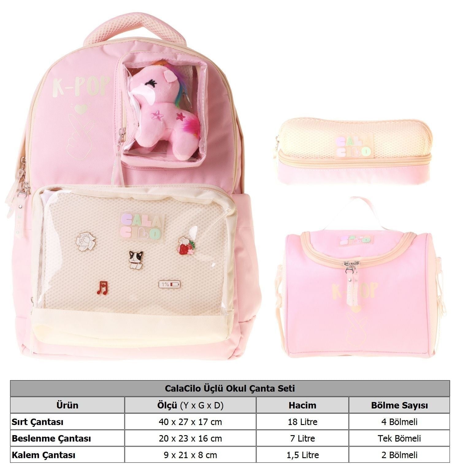 CalaCilo K-Pop Pink Pembe Peluş Aksesuarlı Pembe Kız Çocuk Üçlü İlkokul Okul Çantası Seti - SETCC-C4107A