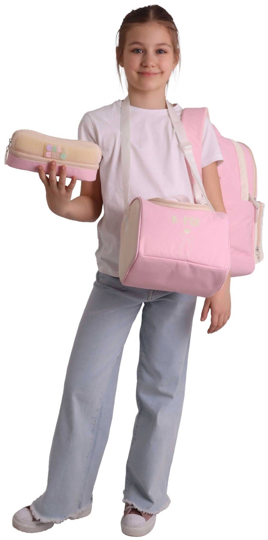 CalaCilo K-Pop Pink Pembe Peluş Aksesuarlı Pembe Kız Çocuk Üçlü İlkokul Okul Çantası Seti - SETCC-C4107A