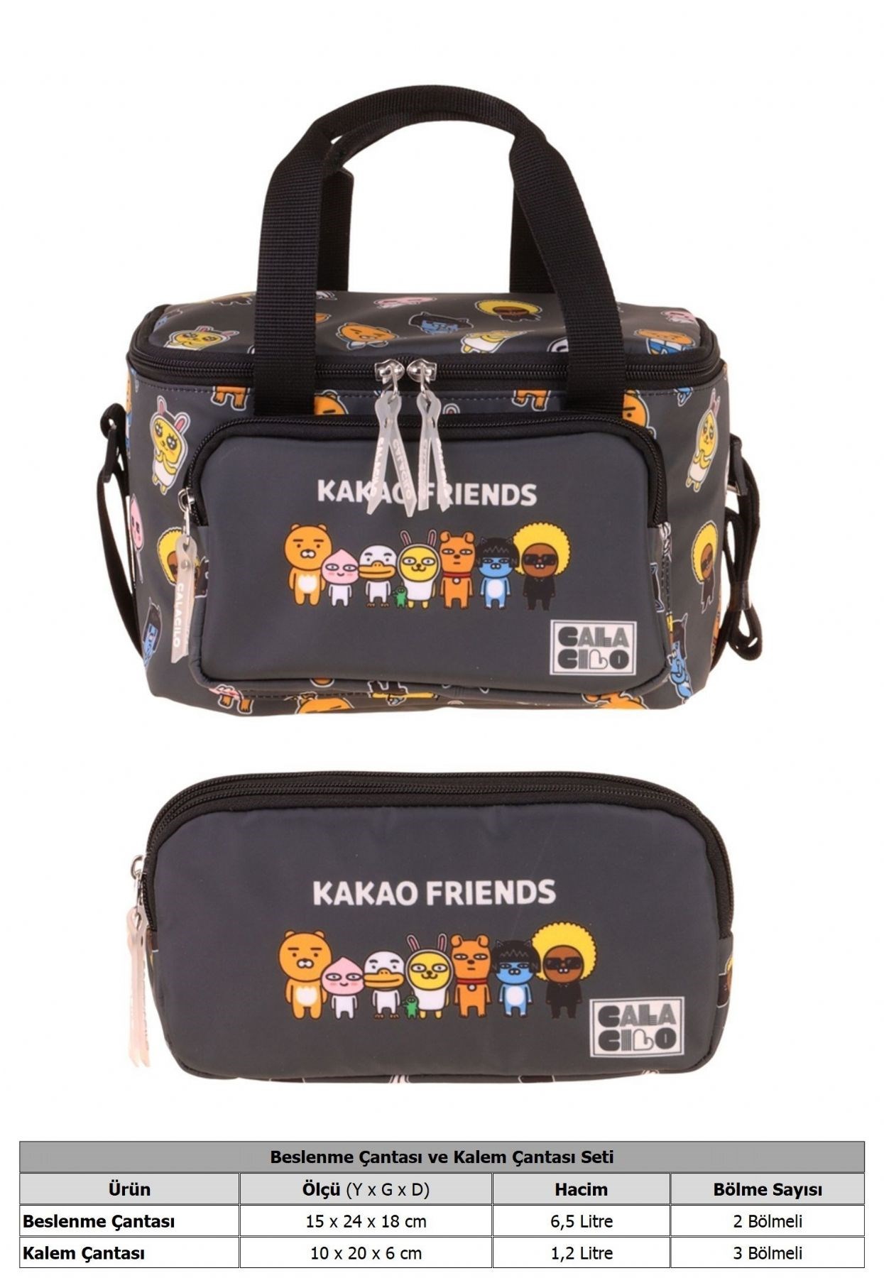 CalaCilo Kakao Friends Baskılı Erkek Çocuk Siyah Renk Beslenme Çantası ve Kalemlik Seti - SETCC-C4078