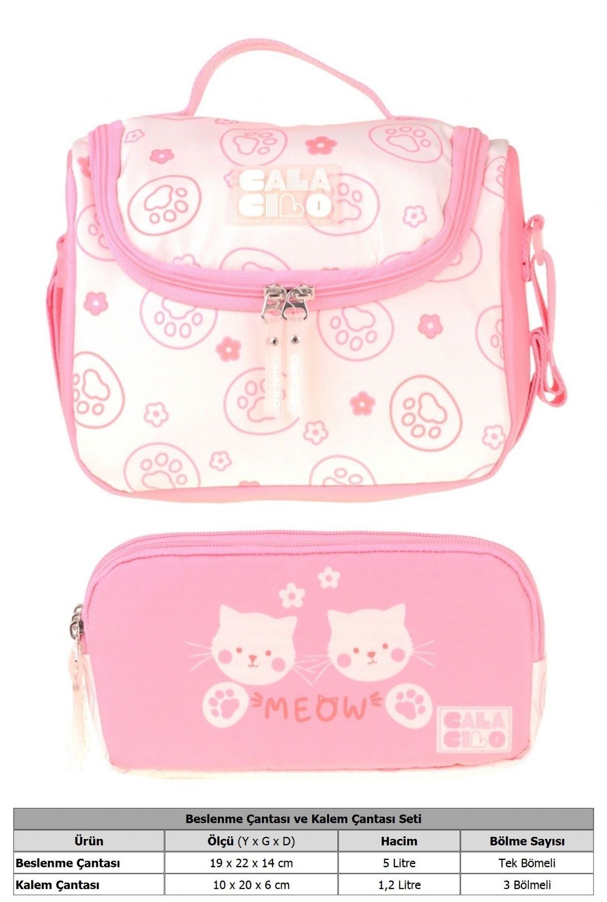 CalaCilo Kedi Baskılı Kız Çocuk Pembe Renk Beslenme Çantası ve Kalemlik Seti - SETCC-C4039
