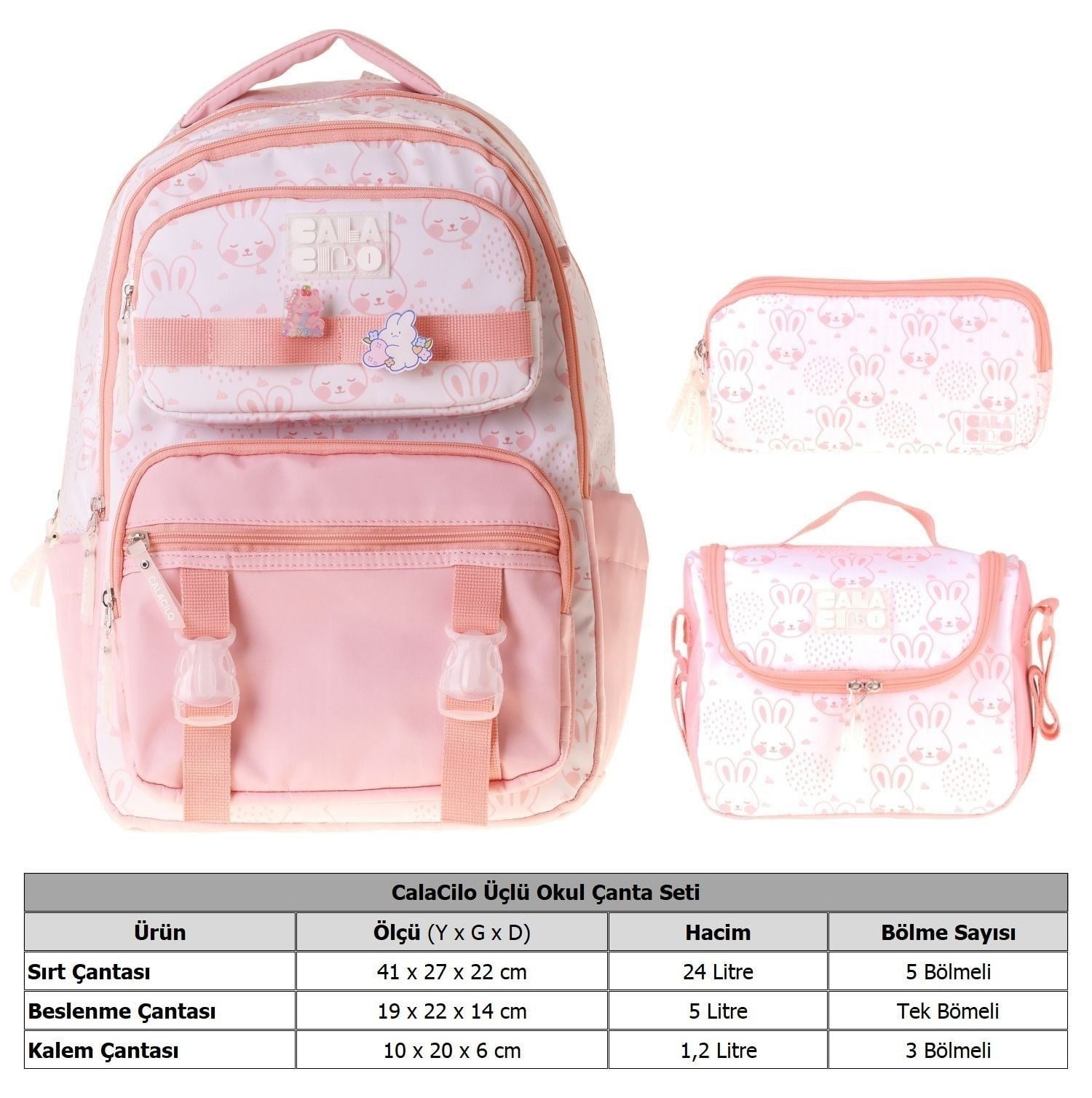 CalaCilo Kedi Baskılı Pembe Kız Çocuk Üçlü İlkokul Okul Çantası Seti - SETCC-C4050A