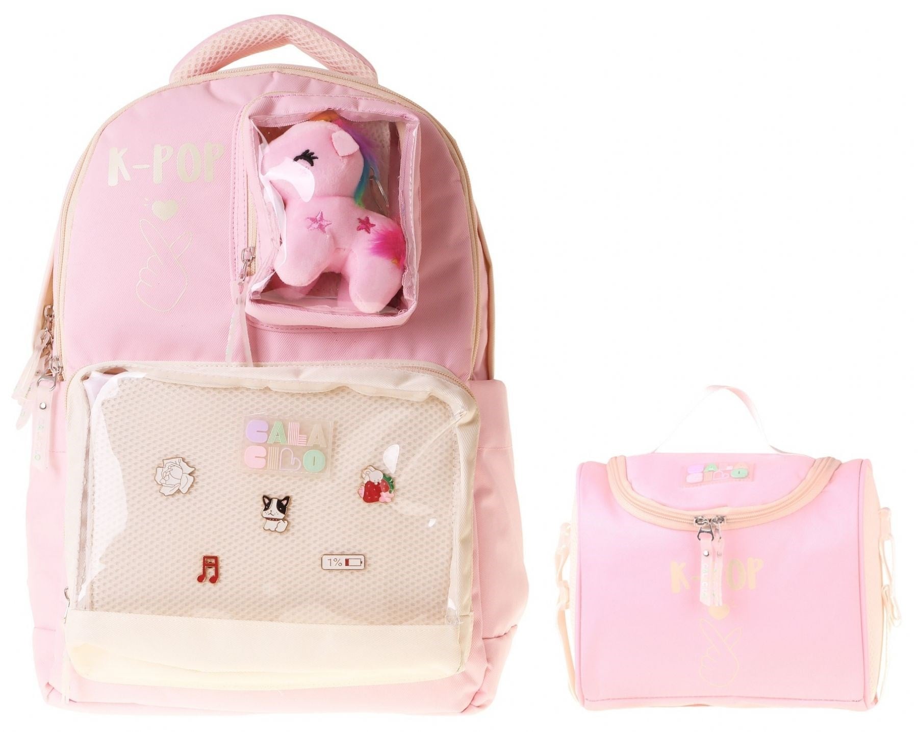 CalaCilo Kız Çocuk İlkokul Sırt Çantası ve Beslenme Seti - K-Pop Pink Pembe Peluş Aksesuarlı Pembe SETCC-C4107B
