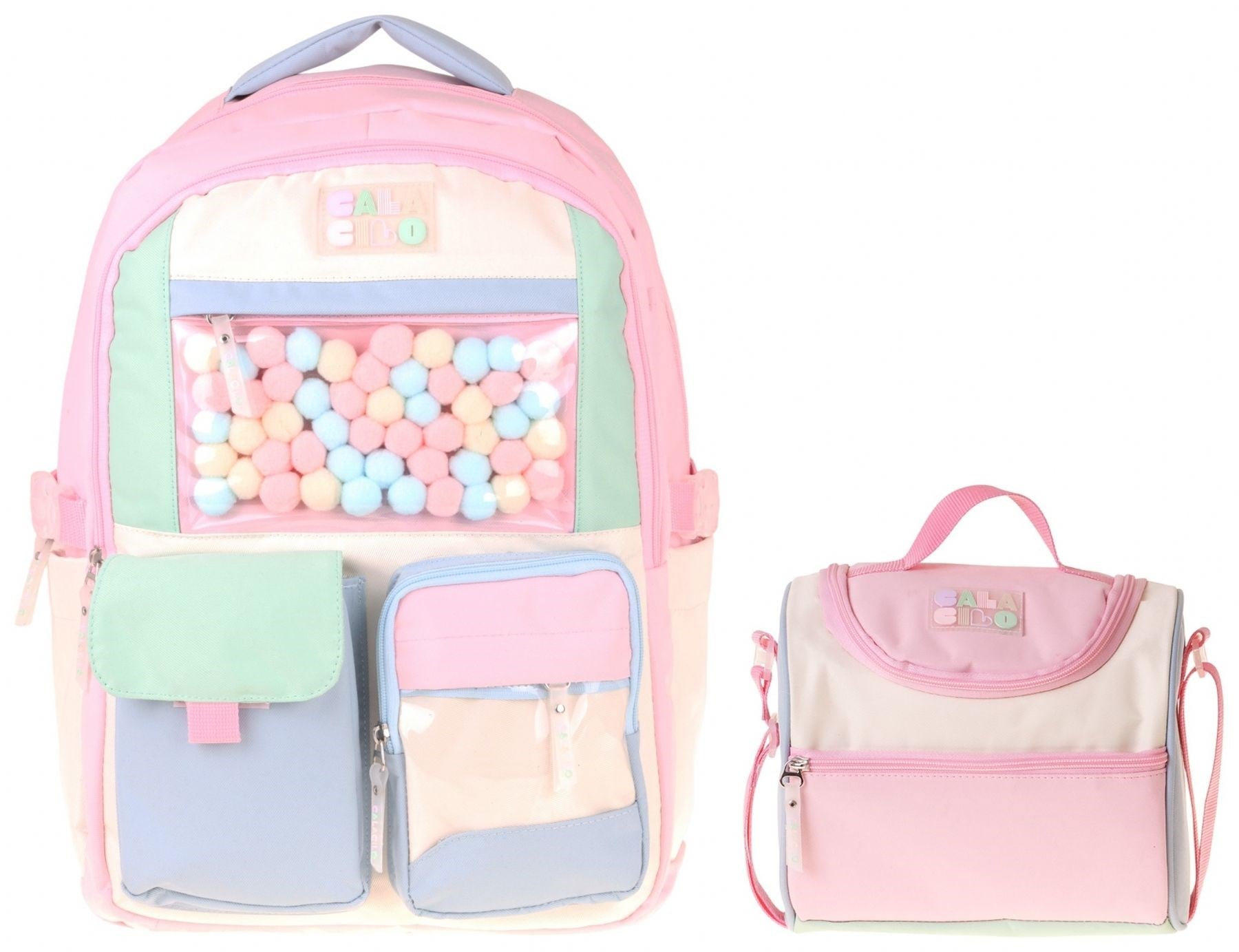 CalaCilo Kız Çocuk İlkokul Sırt Çantası ve Beslenme Seti - Scales Pompon Aksesuarlı Pembe - Yeşil SETCC-C4095B