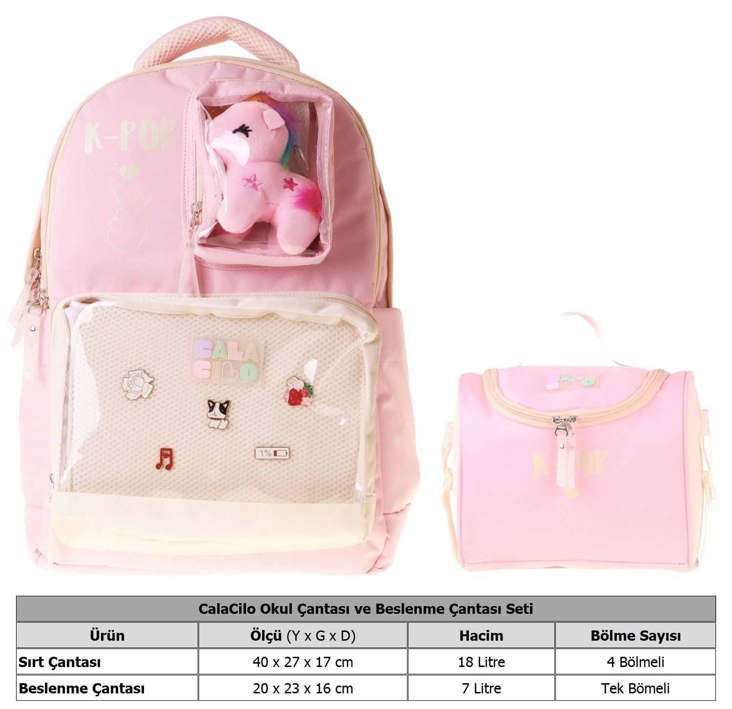 CalaCilo Kız Çocuk İlkokul Sırt Çantası ve Beslenme Seti - K-Pop Pink Pembe Peluş Aksesuarlı Pembe SETCC-C4107B
