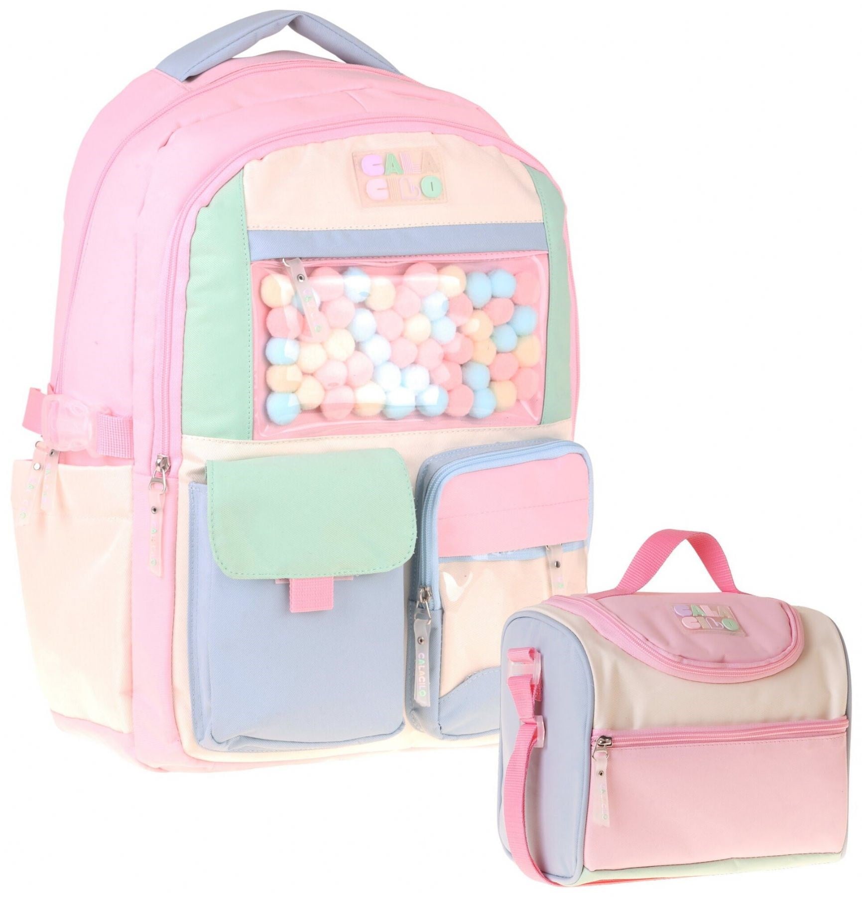 CalaCilo Kız Çocuk İlkokul Sırt Çantası ve Beslenme Seti - Scales Pompon Aksesuarlı Pembe - Yeşil SETCC-C4095B