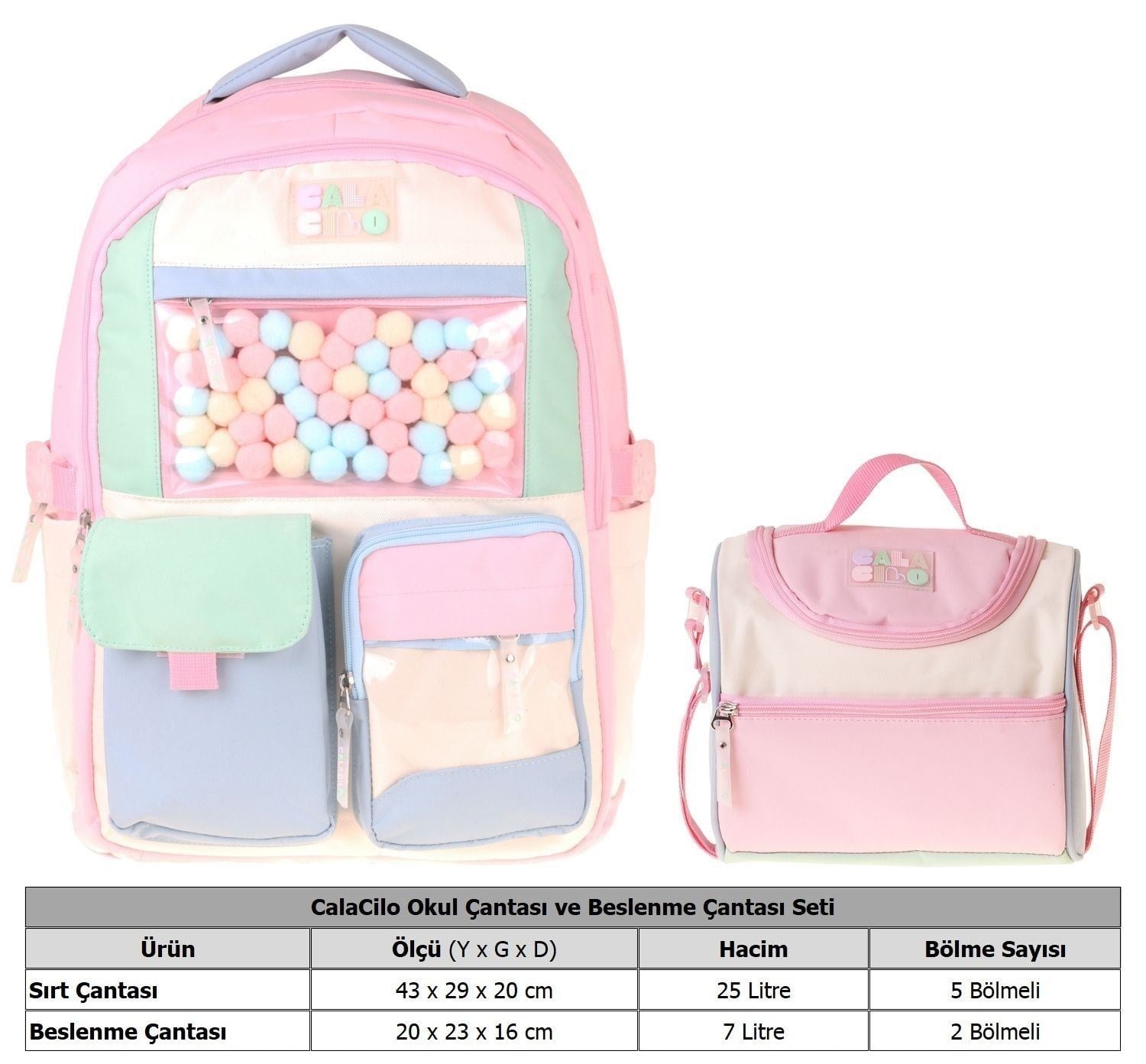CalaCilo Kız Çocuk İlkokul Sırt Çantası ve Beslenme Seti - Scales Pompon Aksesuarlı Pembe - Yeşil SETCC-C4095B
