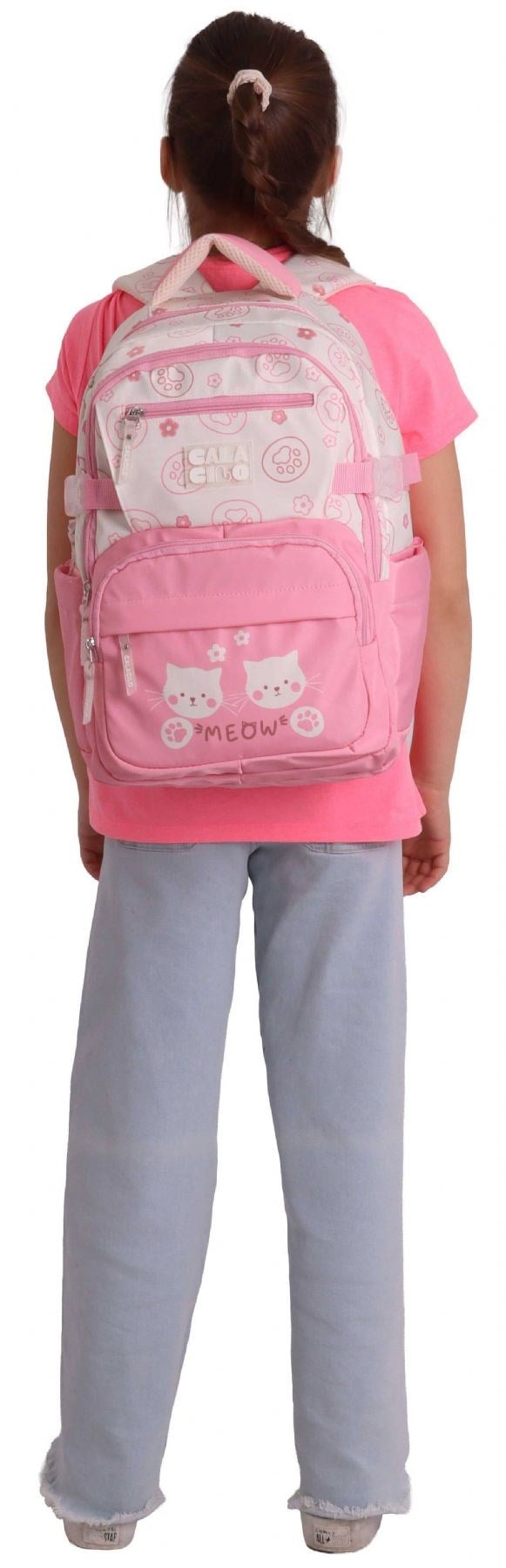 CalaCilo Kız Çocuk Kedi Baskılı Pembe İlkokul Okul Sırt Çantası (Beş Gözlü) - C4038