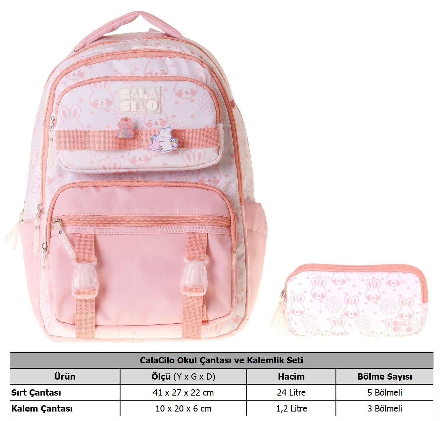 CalaCilo Pleasant Kız Çocuk Kedi Baskılı Okul Sırt Çantası ve Kalemlik Seti - SETCC-C4050C