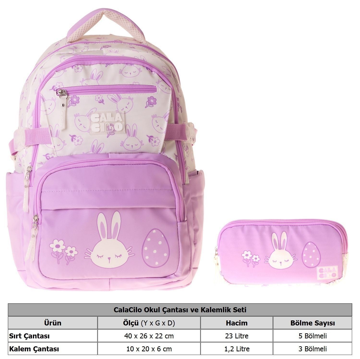 CalaCilo Rabbit Kız Çocuk Tavşan Baskılı Okul Sırt Çantası ve Kalemlik Seti - SETCC-C4041C
