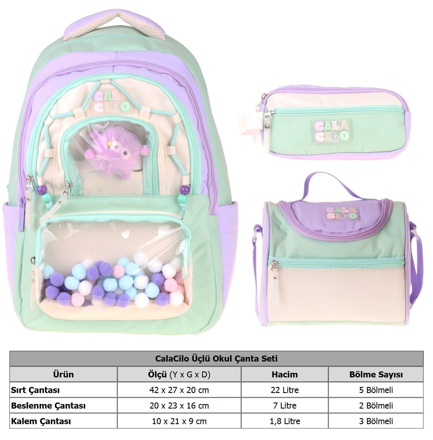 CalaCilo Rainbow Lila Yeşil Renkli Lila - Yeşil Kız Çocuk Üçlü İlkokul Okul Çantası Seti - SETCC-C4089A