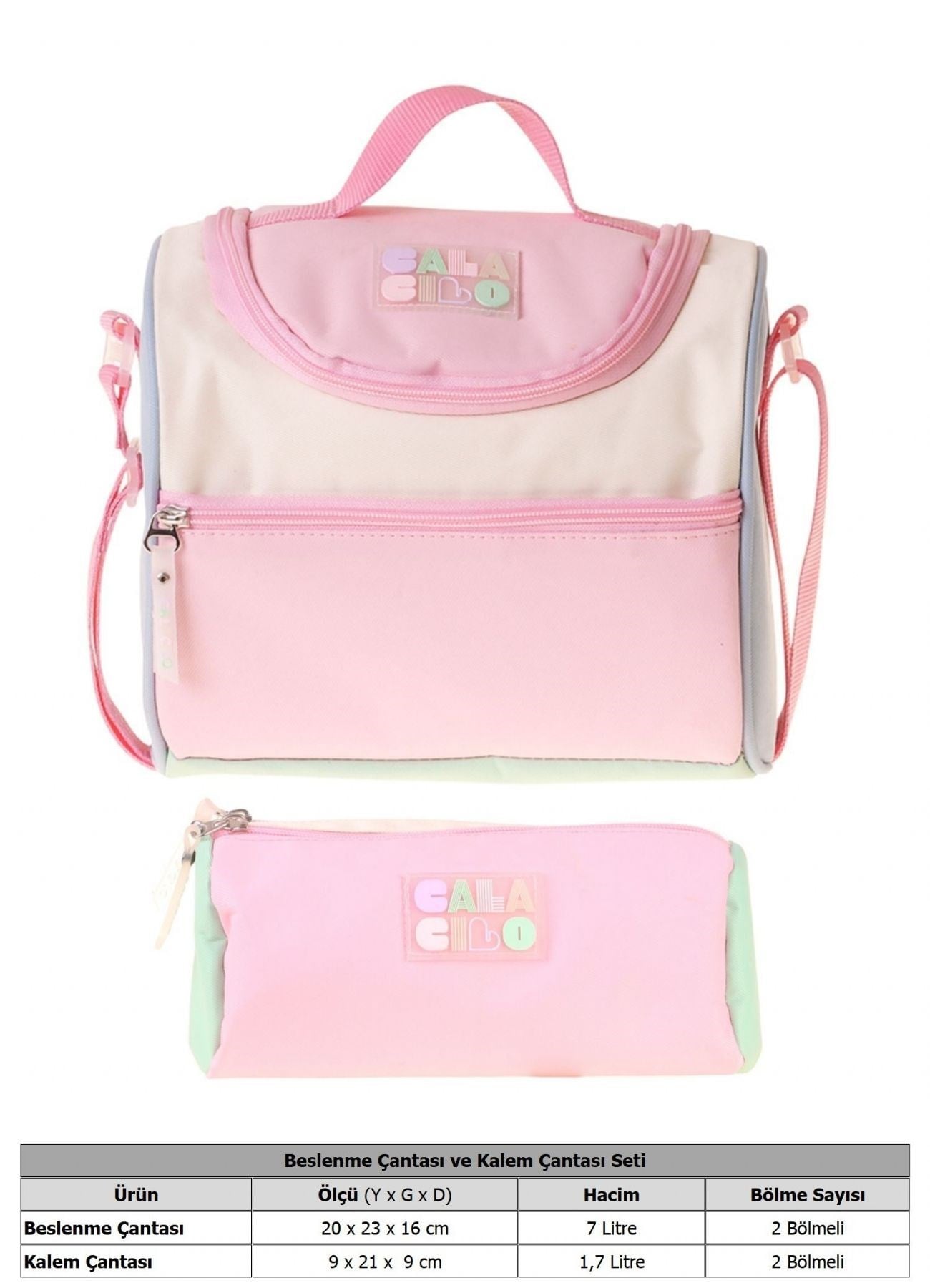 CalaCilo Scales Pembe Yeşil Renkli Kız Çocuk Pembe - Yeşil Renk Beslenme Çantası ve Kalemlik Seti - SETCC-C4096