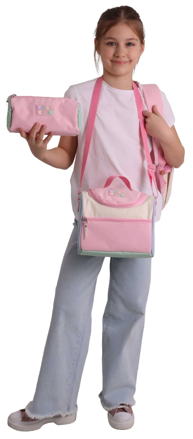 CalaCilo Scales Pompon Aksesuarlı Pembe - Yeşil Kız Çocuk Üçlü İlkokul Okul Çantası Seti - SETCC-C4095A