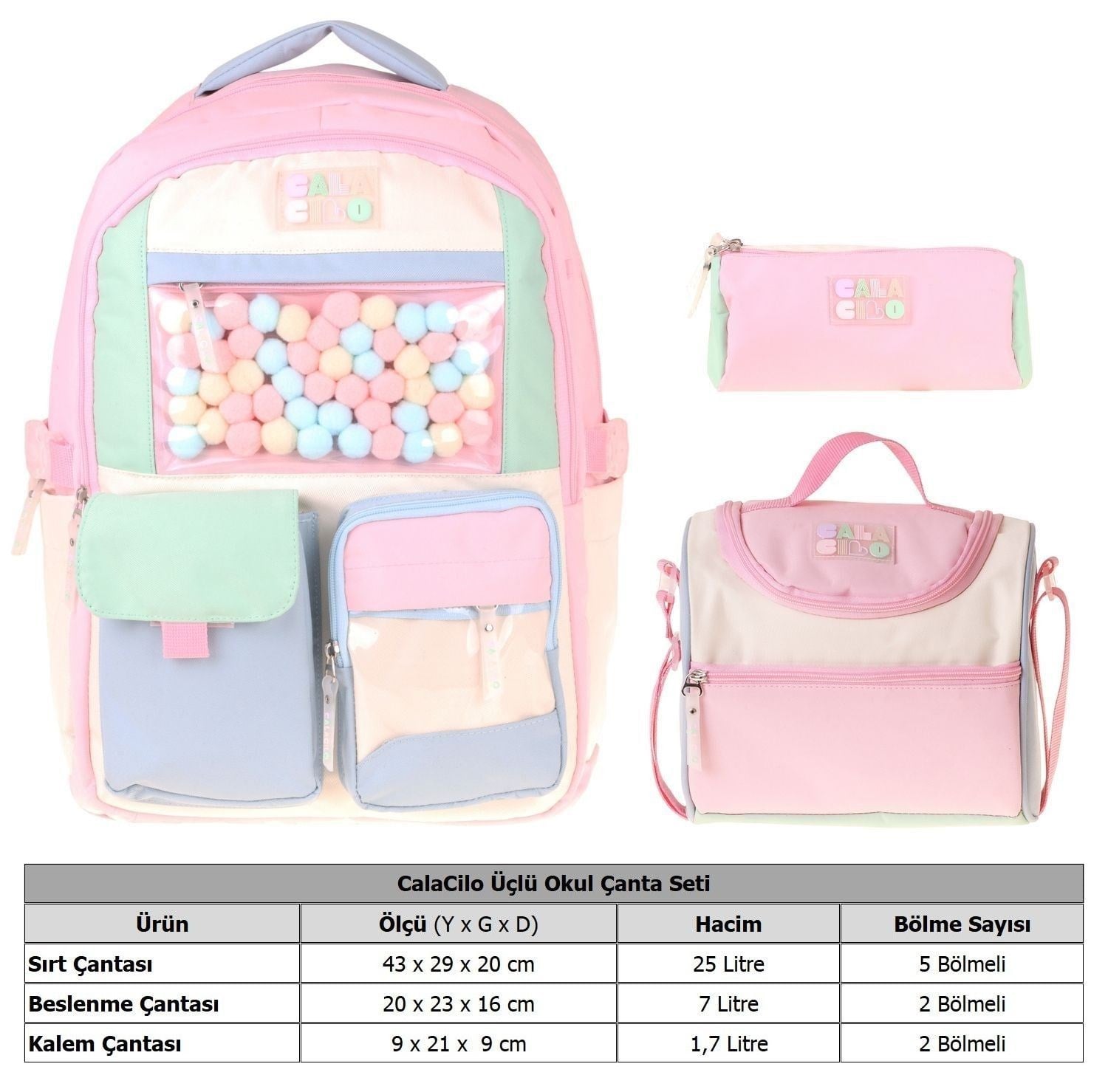CalaCilo Scales Pompon Aksesuarlı Pembe - Yeşil Kız Çocuk Üçlü İlkokul Okul Çantası Seti - SETCC-C4095A