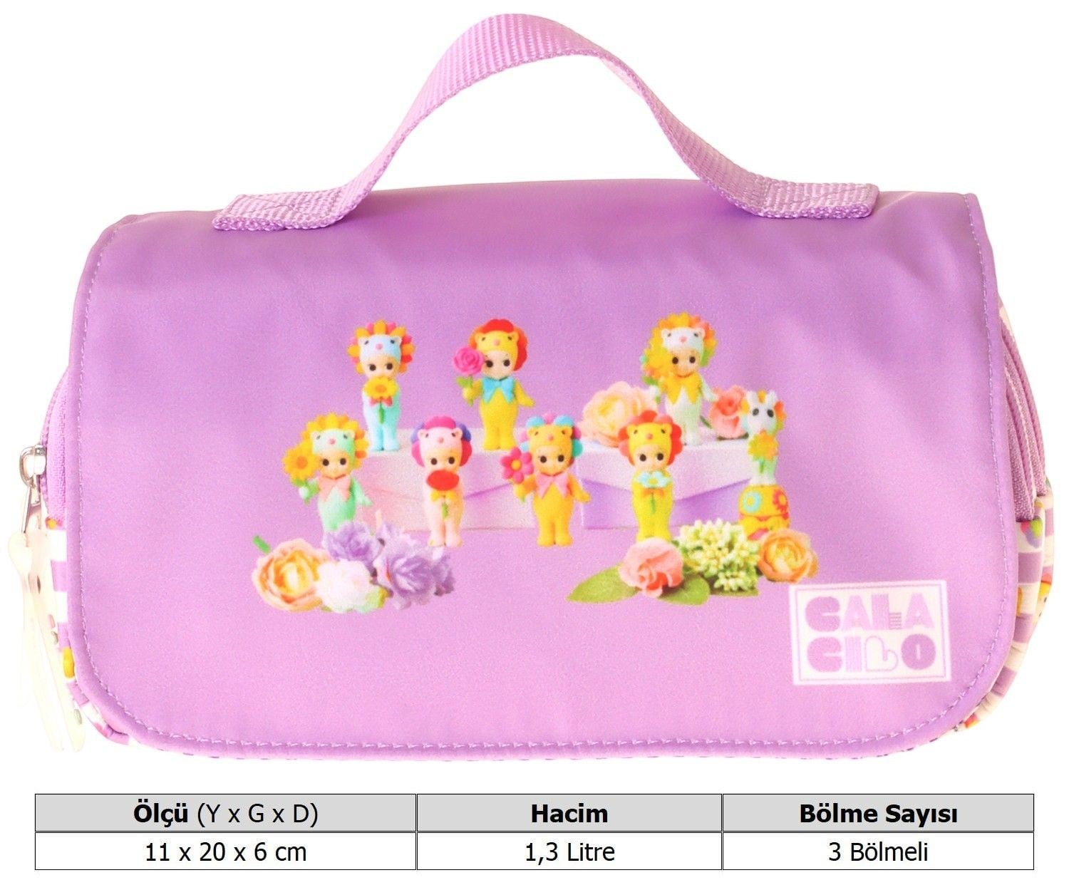 CalaCilo Taşıma Askılı Kız Çocuk Flowers Baskılı Şık Kalem Çantası (Lila) - C4073