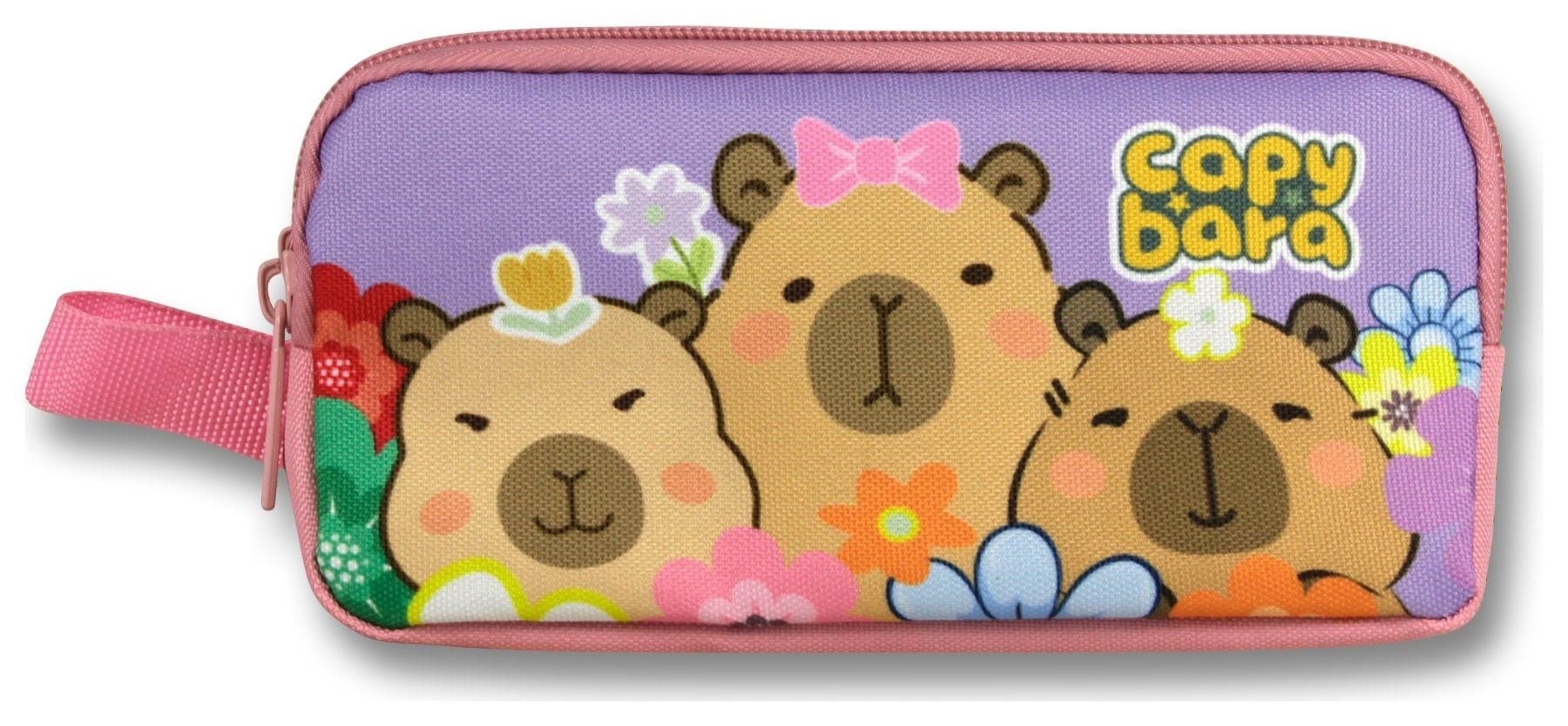 Capybara İki Bölmeli Çiçek ve Capybara Baskılı Mor - Pembe Kız Çocuk Kalem Çantası - 6205