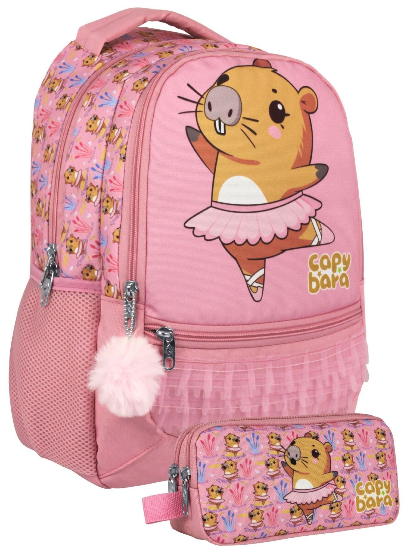 Capybara (Pembe) Kız Çocuk Balerin Capybara Desenli İlkokul Çantası ve Kalemlik Seti - SETCPB5215C