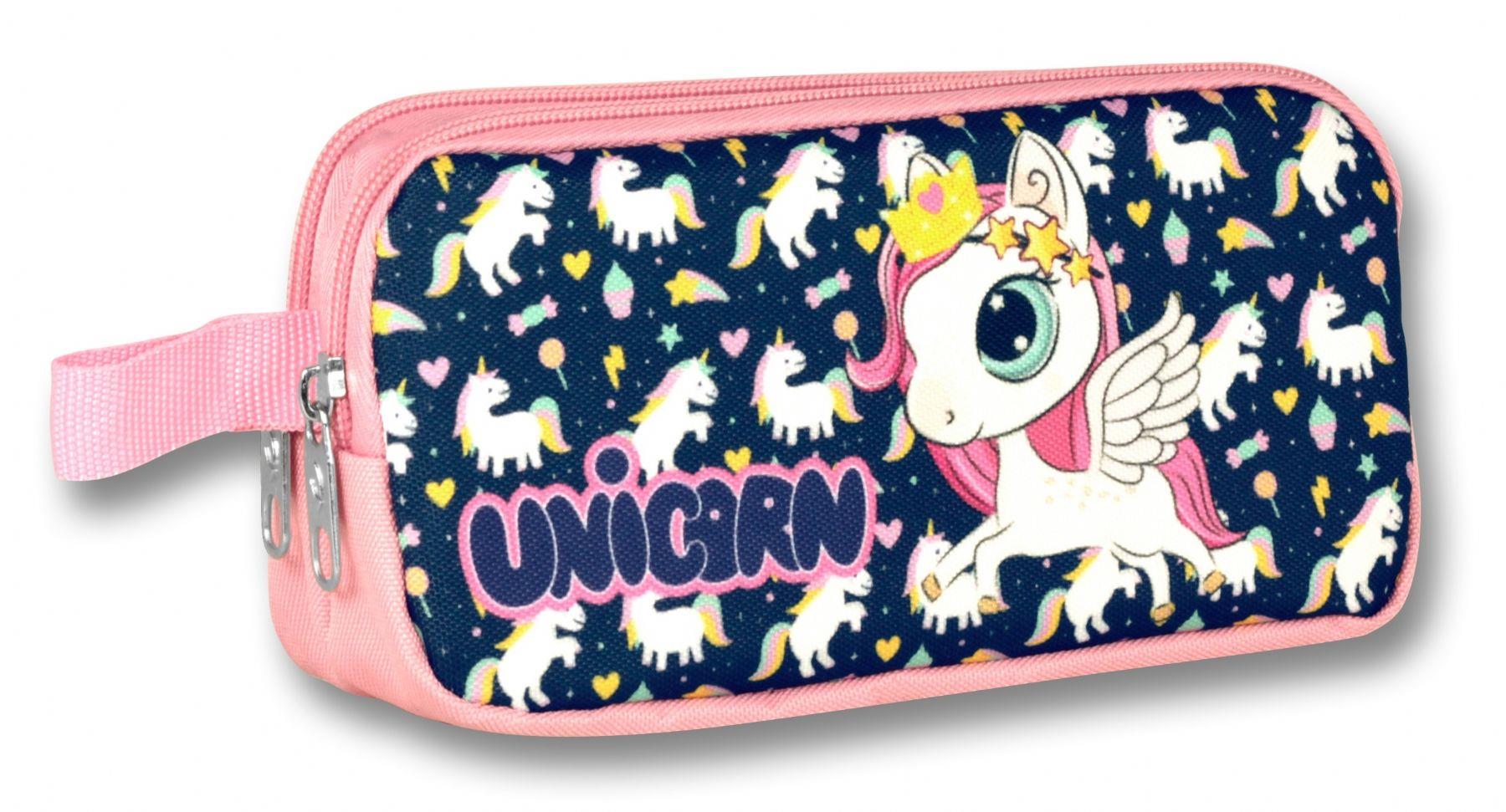 Cennec 3 Boyutlu Kız Çocuk Lacivert-Pembe Unicorn İlkokul Çantası ve Kalemlik Seti