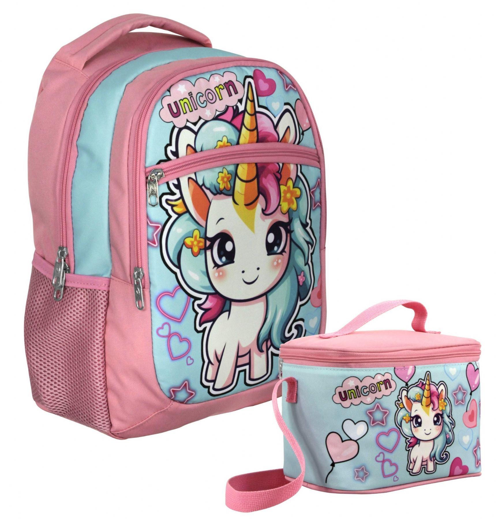 Cennec Bebek Unicorn Desenli Kız Çocuk Pembe Turkuaz İkili Çanta ve Beslenme Seti - SETUMT5048B