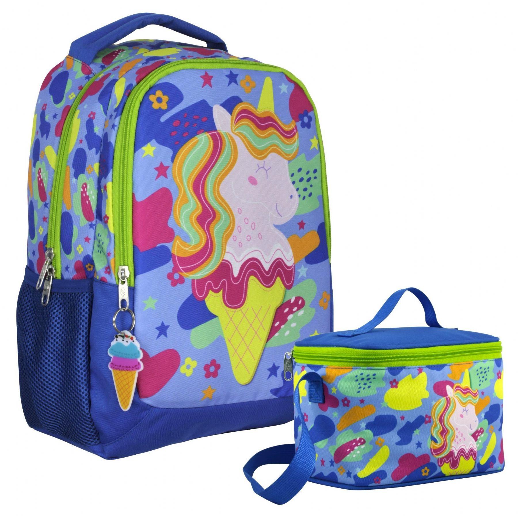 Cennec Dondurma ve Unicorn Desenli Kız Çocuk Mavi Yeşil İkili Çanta ve Beslenme Seti - SETUMT5036B