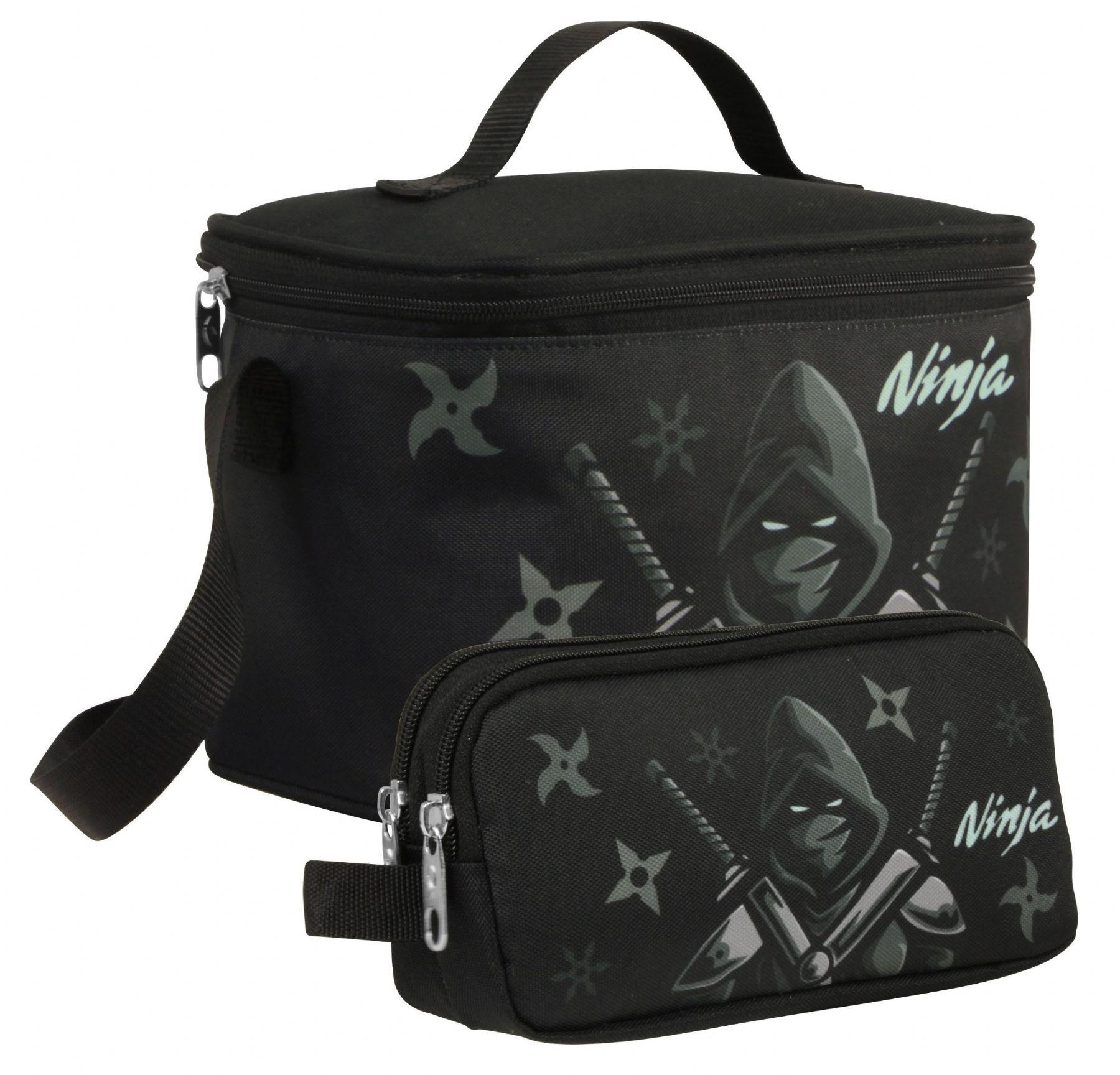 Cennec Erkek Çocuk Ninja Desenli Siyah Turkuaz Beslenme Çantası ve Kalemlik Seti