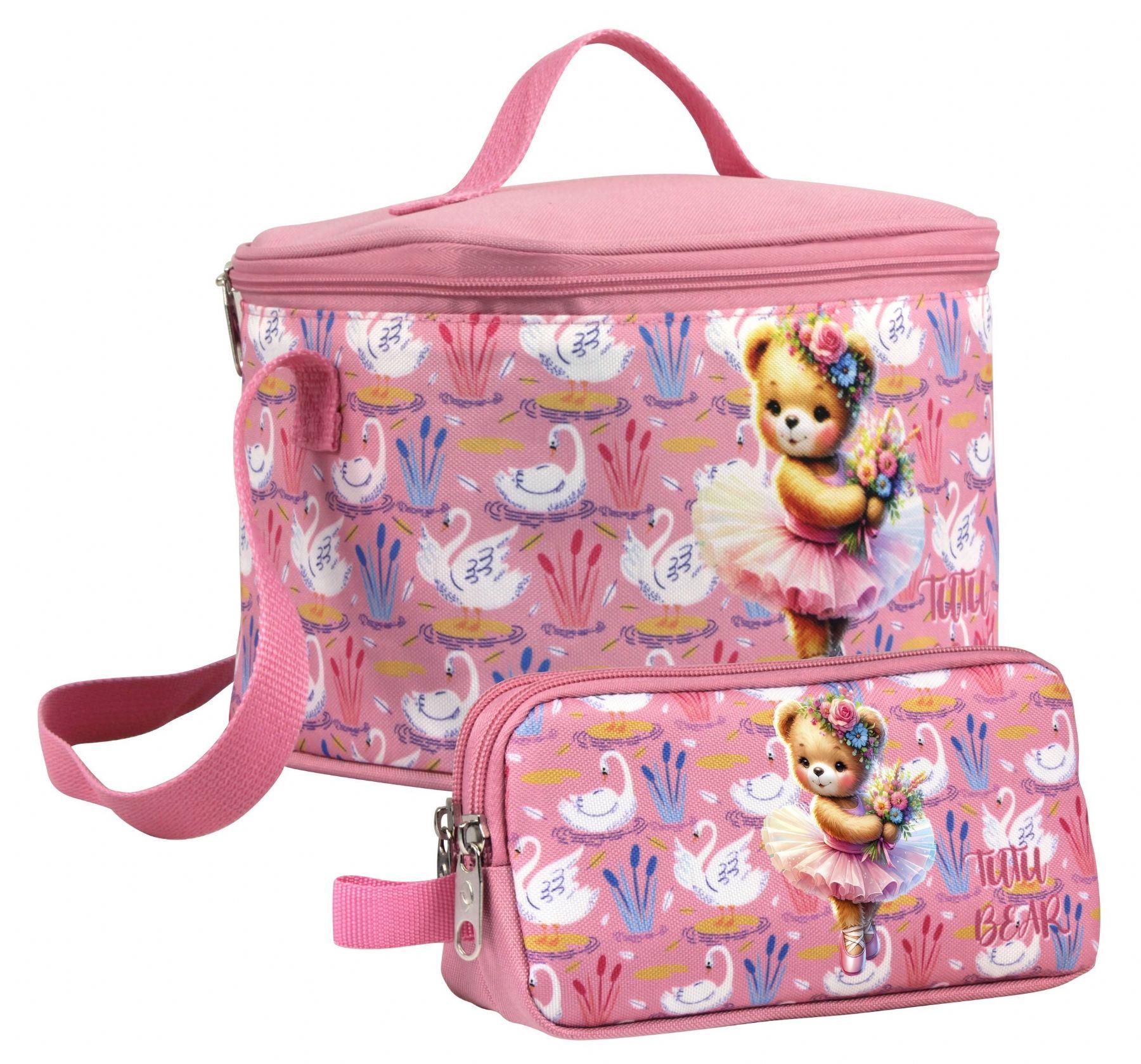 Cennec Kız Çocuk Balerin Ayıcık Desenli Pembe Beslenme Çantası ve Kalemlik Seti
