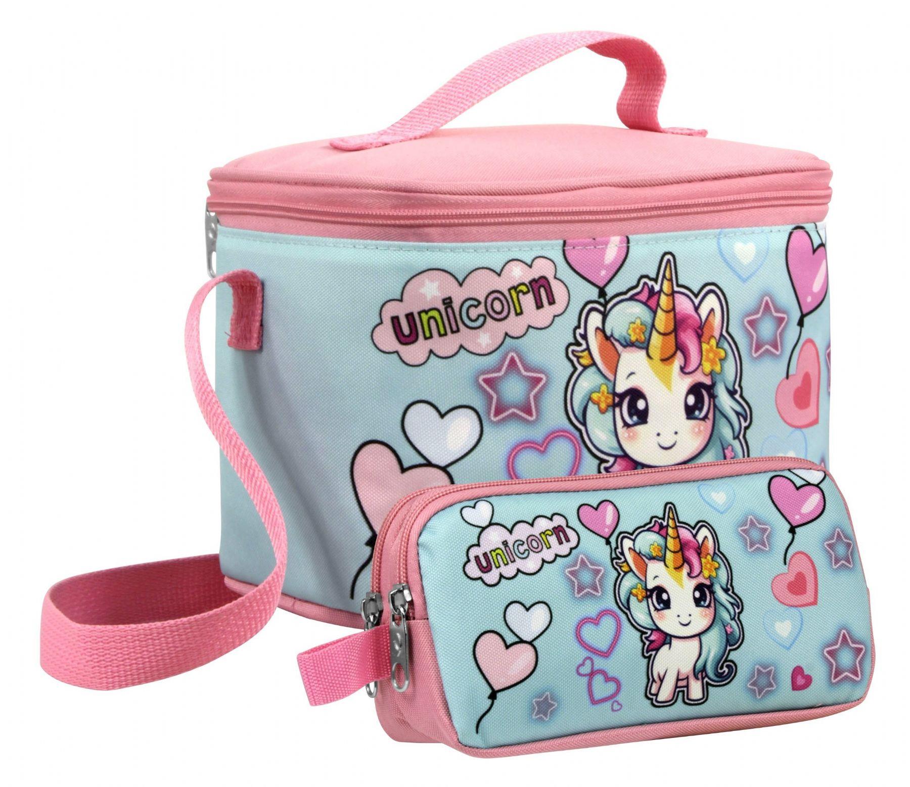 Cennec Kız Çocuk Bebek Unicorn Desenli Pembe Turkuaz Beslenme Çantası ve Kalemlik Seti