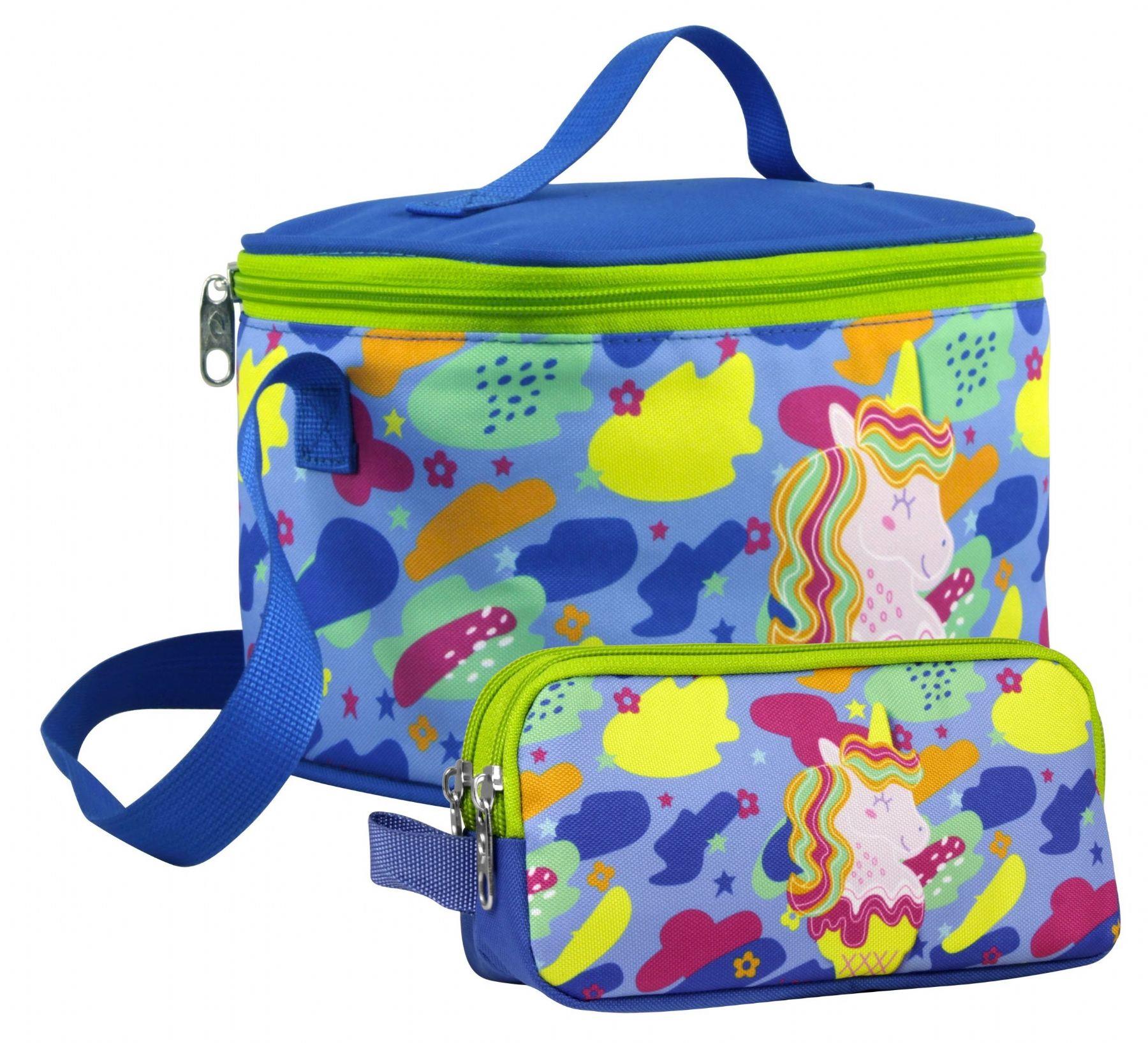 Cennec Kız Çocuk Dondurma ve Unicorn Desenli Mavi Yeşil Beslenme Çantası ve Kalemlik Seti
