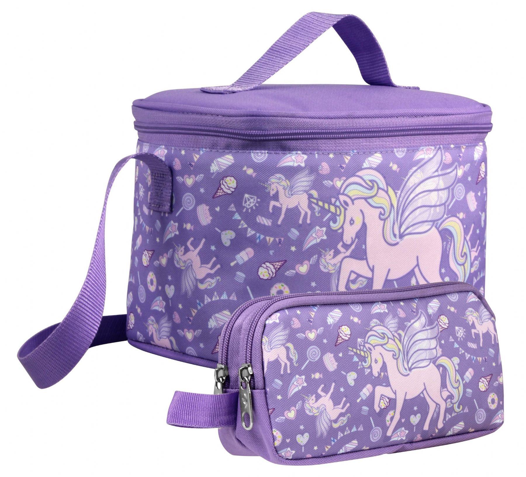 Cennec Kız Çocuk Nakışlı Unicorn Pegasus Desenli Lila Beslenme Çantası ve Kalemlik Seti