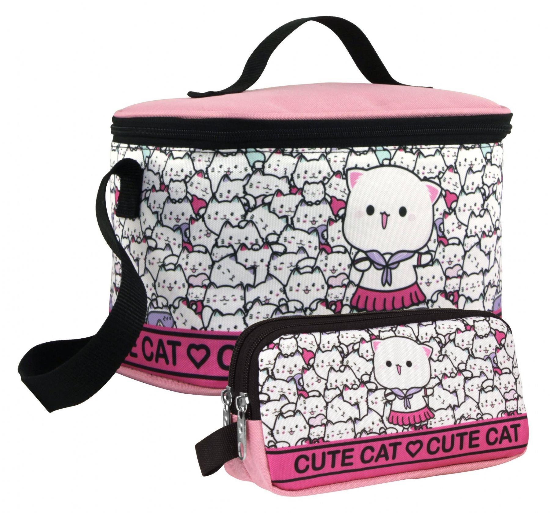 Cennec Kız Çocuk Sevimli Kediler Desenli Pembe Beyaz Beslenme Çantası ve Kalemlik Seti